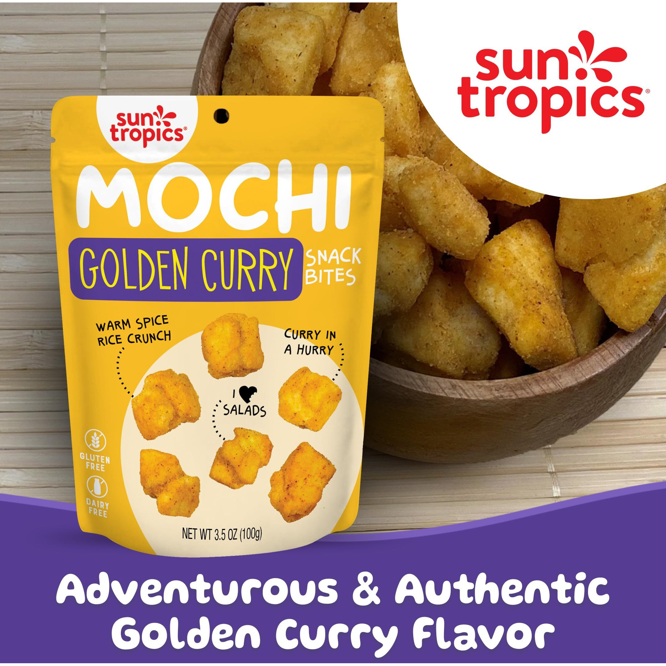 Sun Tropics Mochi Snack Bites, Golden Curry Flavor- 3.5 Oz (6 Pack) | Crispy Crunchy Mochi Bites, Rice Nuggets | Mochi Puff Rice Crackers- Gluten Free & Dairy Free- No Msg Added | Asian Rice Snacks