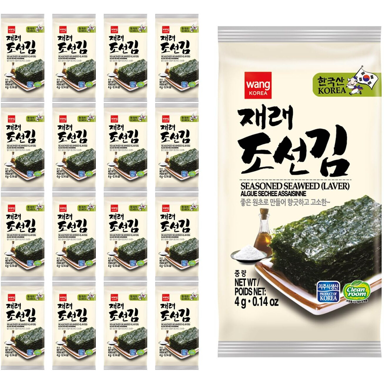 Wang Korean Roasted Seaweed Snack, Healthy Snack 0.14 Ounce, Pack Of 16