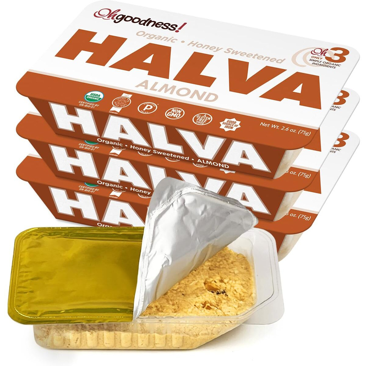 Ohgoodness Organic Honey Halva - 3 Pack - Only Three Simple Ingredients, Melt-In-Mouth Snack & Dessert, Honey Sweetened Treat Paleo & Scd Approved - No Additives (Honey - Almond) 75G