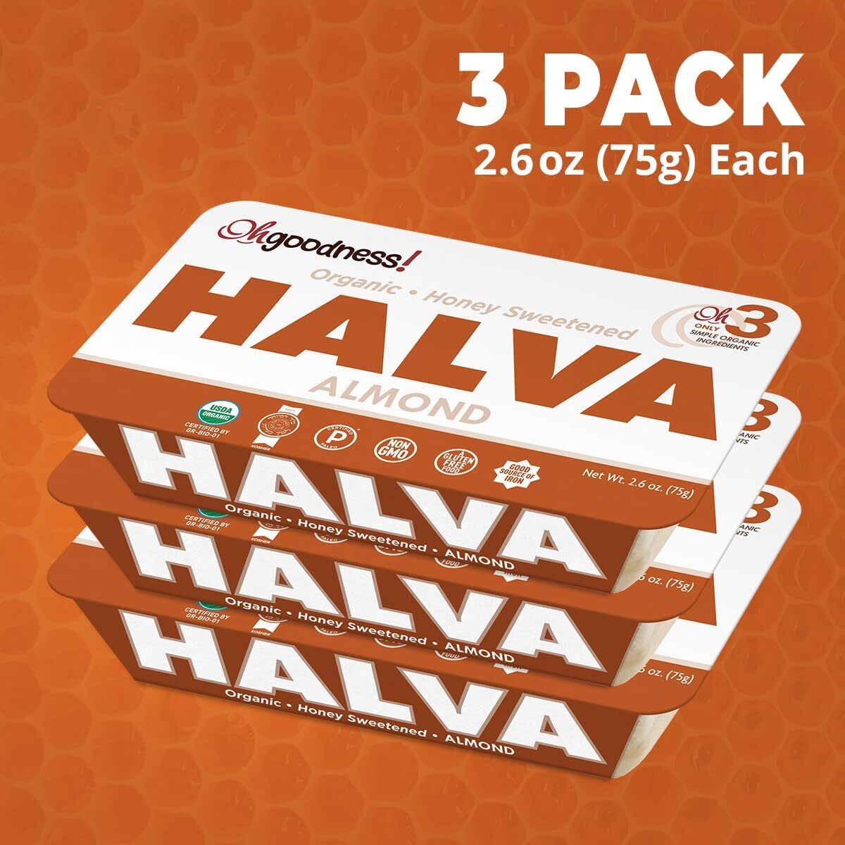 Ohgoodness Organic Honey Halva - 3 Pack - Only Three Simple Ingredients, Melt-In-Mouth Snack & Dessert, Honey Sweetened Treat Paleo & Scd Approved - No Additives (Honey - Almond) 75G