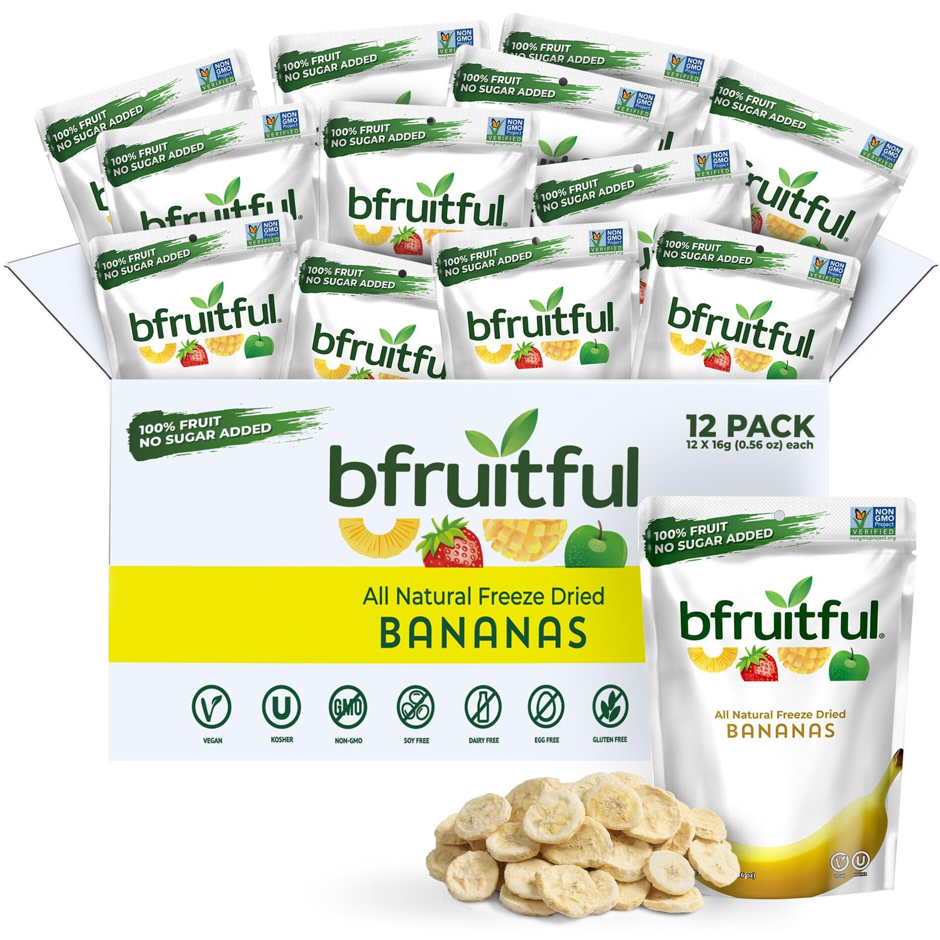 Bfruitful Freeze-Dried Banana, Freeze Dried Fresh Fruit Bites, Gluten Free, Vegan, Dairy Free, Kosher, No Sugar Added, Non Gmo, Healthy Snacks For Kids Or Adults, Single Snack Packs, 12 Pack