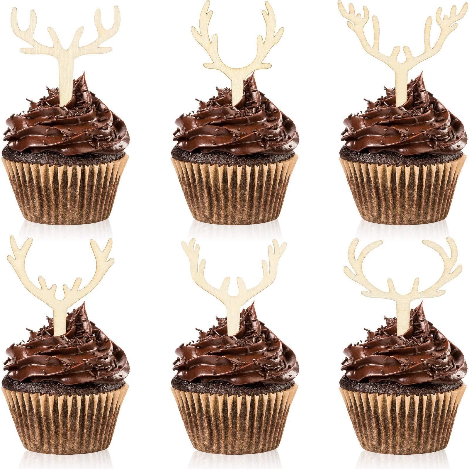 30 Pieces Antler Cupcake Toppers Wooden Reindeer Cake Topper Christmas Deer Cake Picks For Baby Shower Wedding Hunting Rustic Birthday Party Favors, 6 Styles