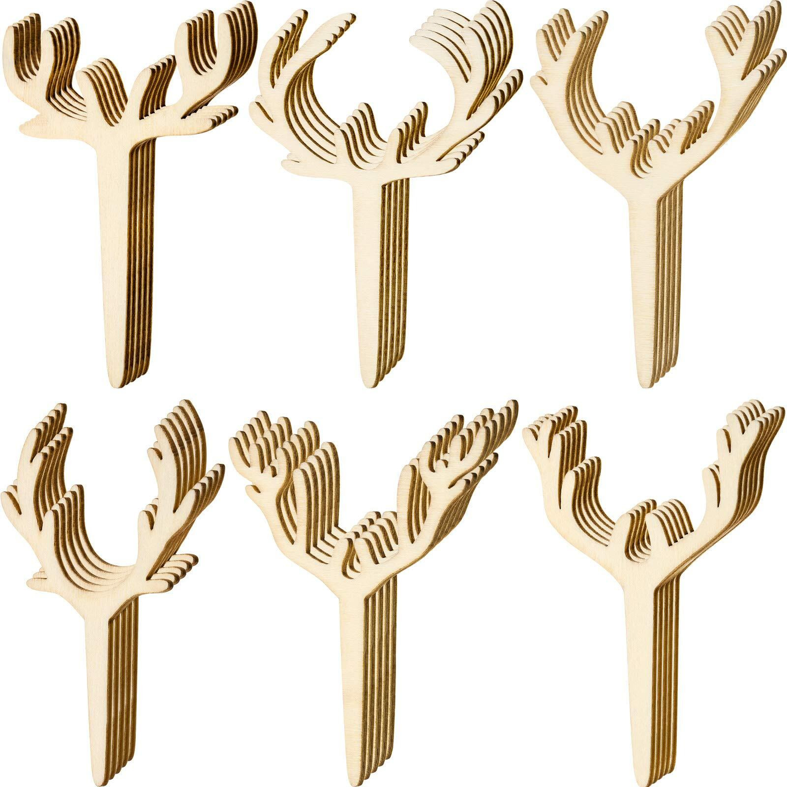 30 Pieces Antler Cupcake Toppers Wooden Reindeer Cake Topper Christmas Deer Cake Picks For Baby Shower Wedding Hunting Rustic Birthday Party Favors, 6 Styles
