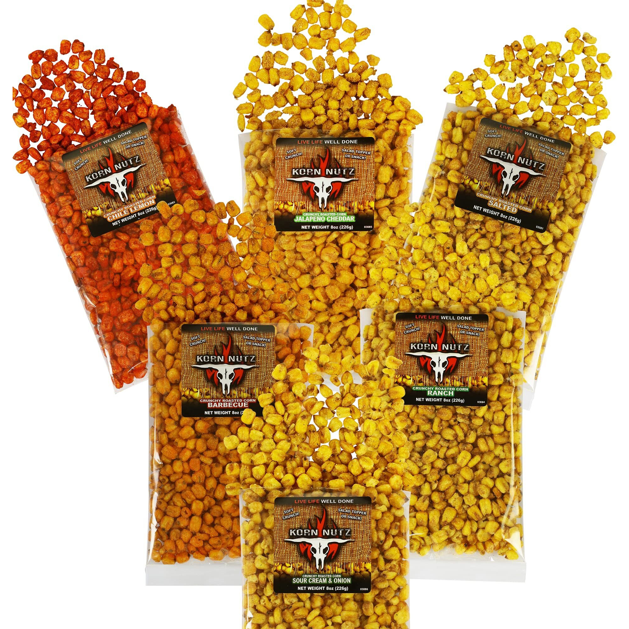 Ultimate Toasted Corn Variety Pack | Ranch, Bbq, Salted, Chile Lemon, Jalapeno Cheddar, Sour Cream & Onion Korn Nutz | Runnin Wild Foods | 3 Pounds Total (Box Of 6 Bags, 8Oz Each)