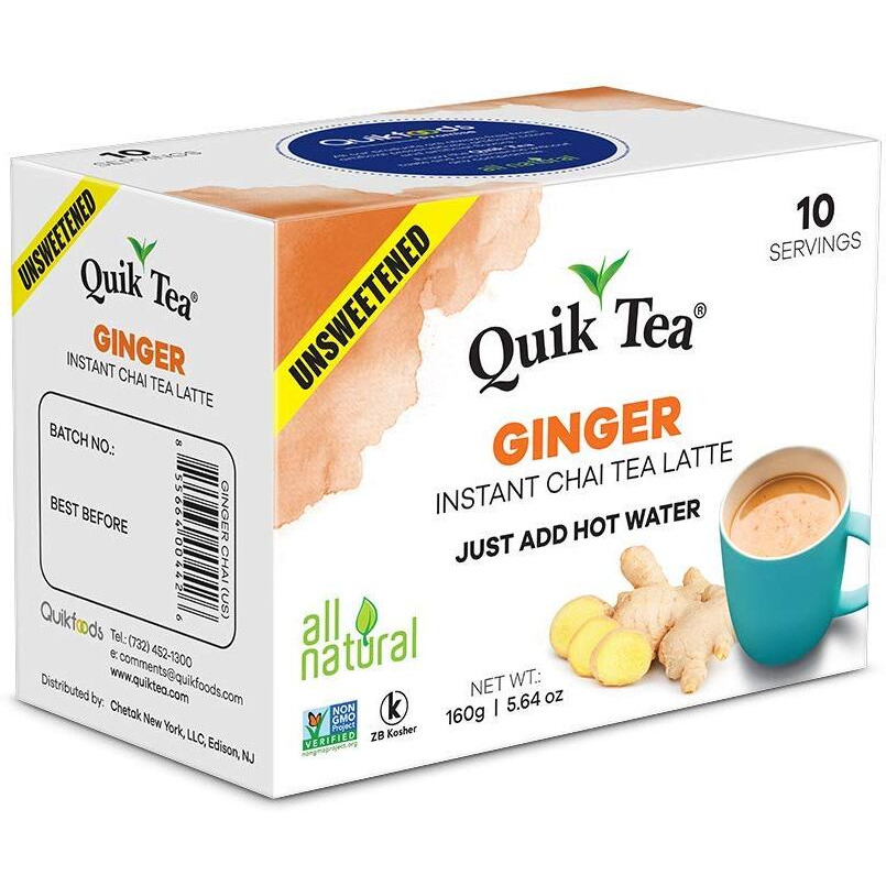 Quiktea Unsweetened Ginger Chai Tea Latte - 10 Count Single Box - All Natural & Preservative Free Authentic Instant Chai