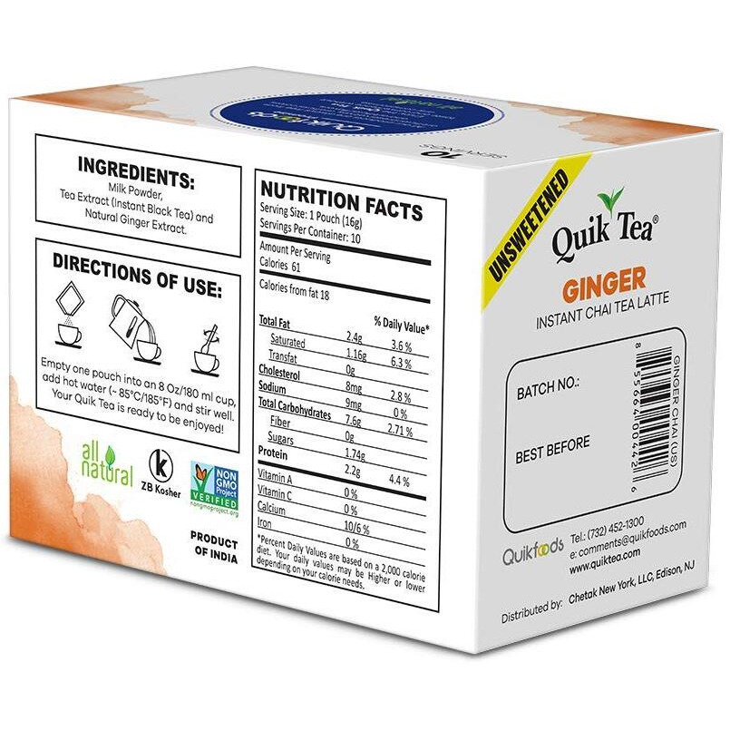 Quiktea Unsweetened Ginger Chai Tea Latte - 10 Count Single Box - All Natural & Preservative Free Authentic Instant Chai