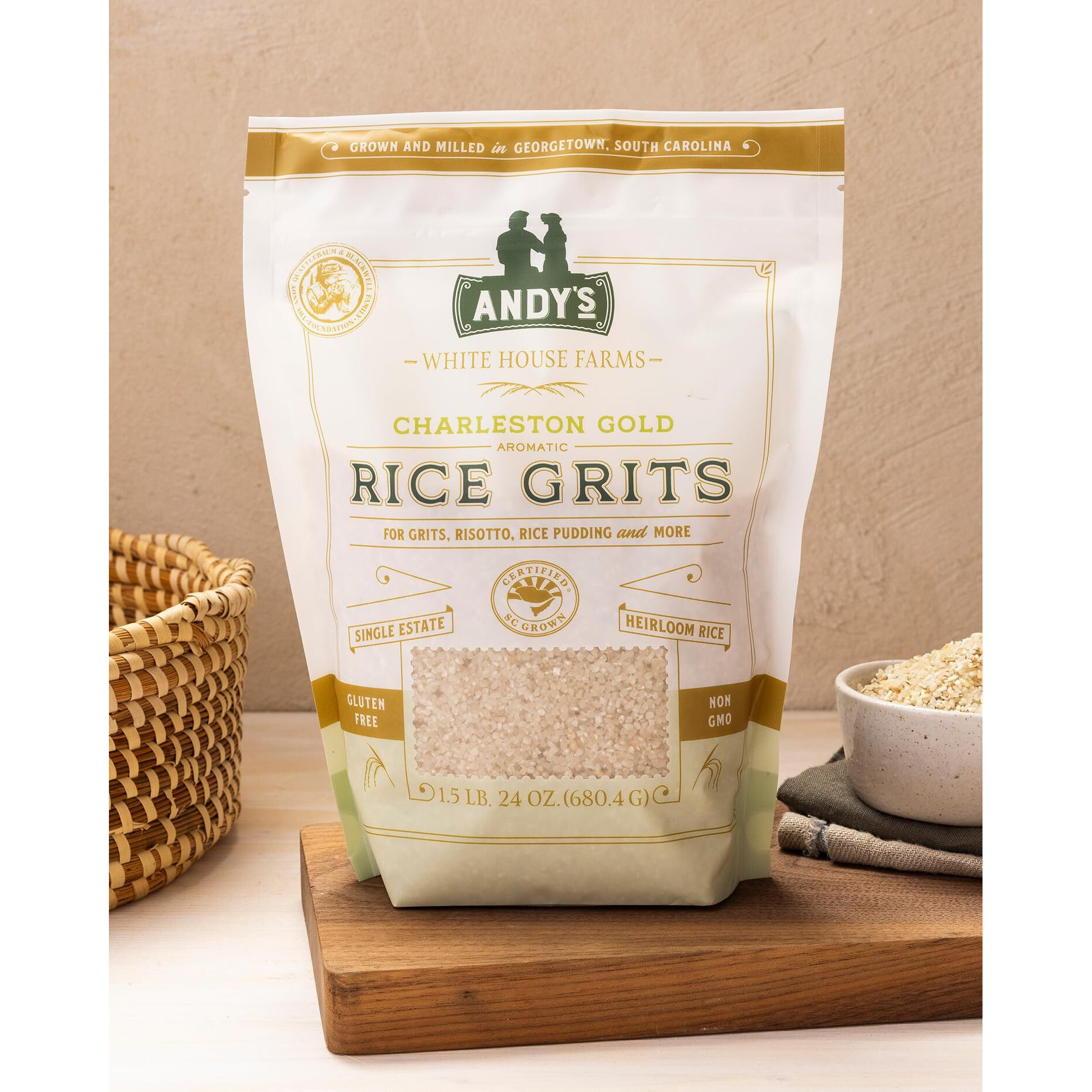 Andys Charleston Gold Rice Grits By White House Farms| Gluten Free & Non Gmo | Sugar Free, Aromatic | Harvested In The Usa | 1 Pack |24 Oz (1.5Lb)