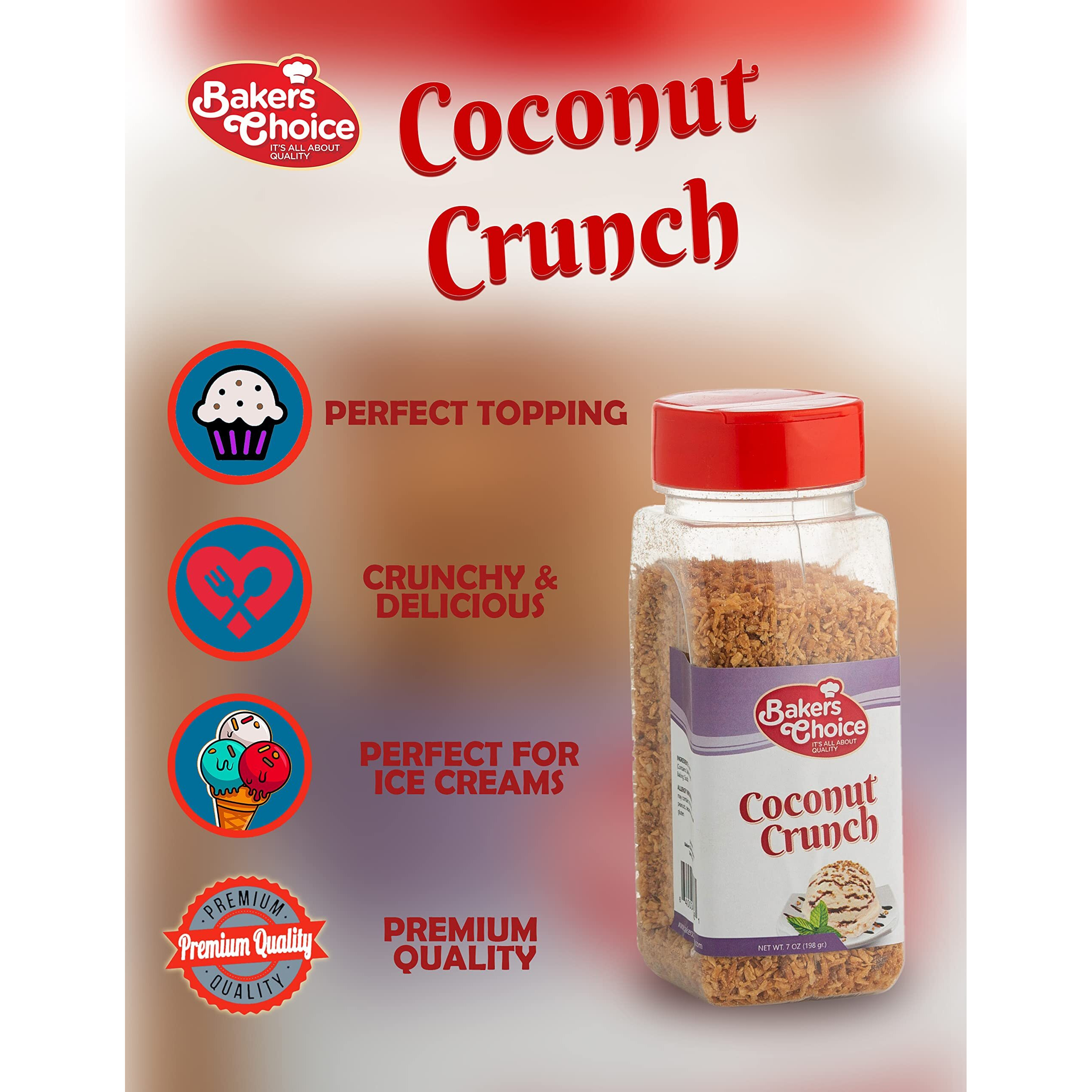 Coconut Crunch Topping - Coconut Sprinkles For Ice Cream Sundae Toppings - 7 Ounce - Dairy Free, Kosher - Bakers Choice