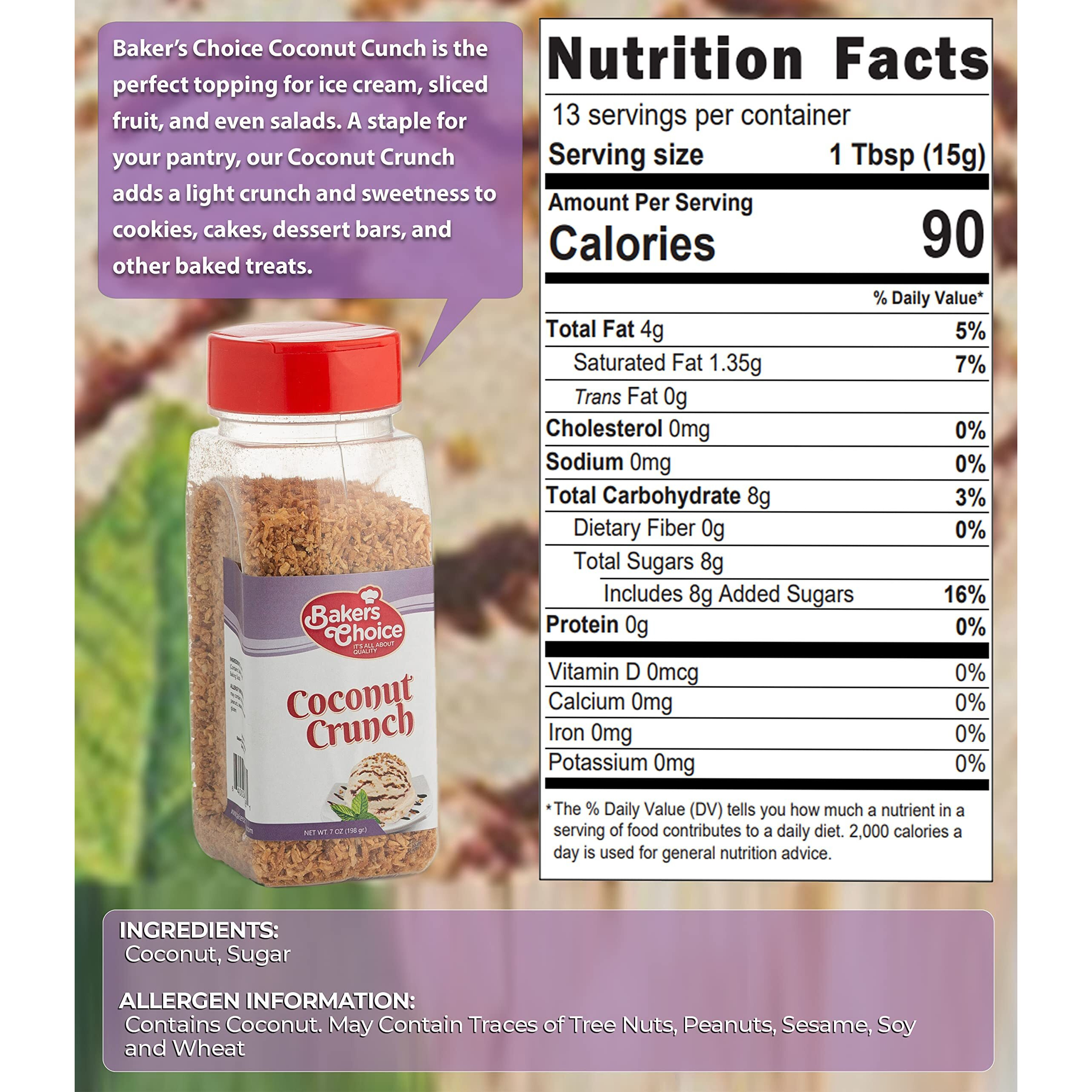 Coconut Crunch Topping - Coconut Sprinkles For Ice Cream Sundae Toppings - 7 Ounce - Dairy Free, Kosher - Bakers Choice