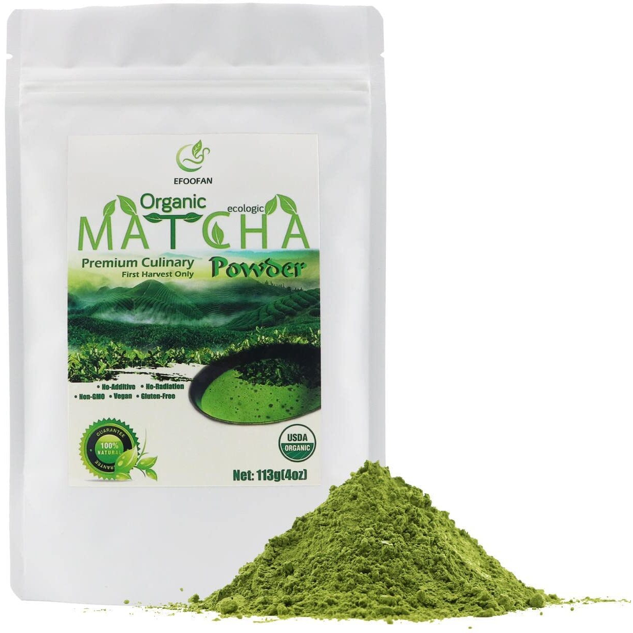 Efoofan Organic Matcha Green Tea Powder, Premium Culinary Grade (4Oz), Japanese Tencha Flavor, First Harvest, Te Marcha Organico Suit For Latte, Baking, Smoothie