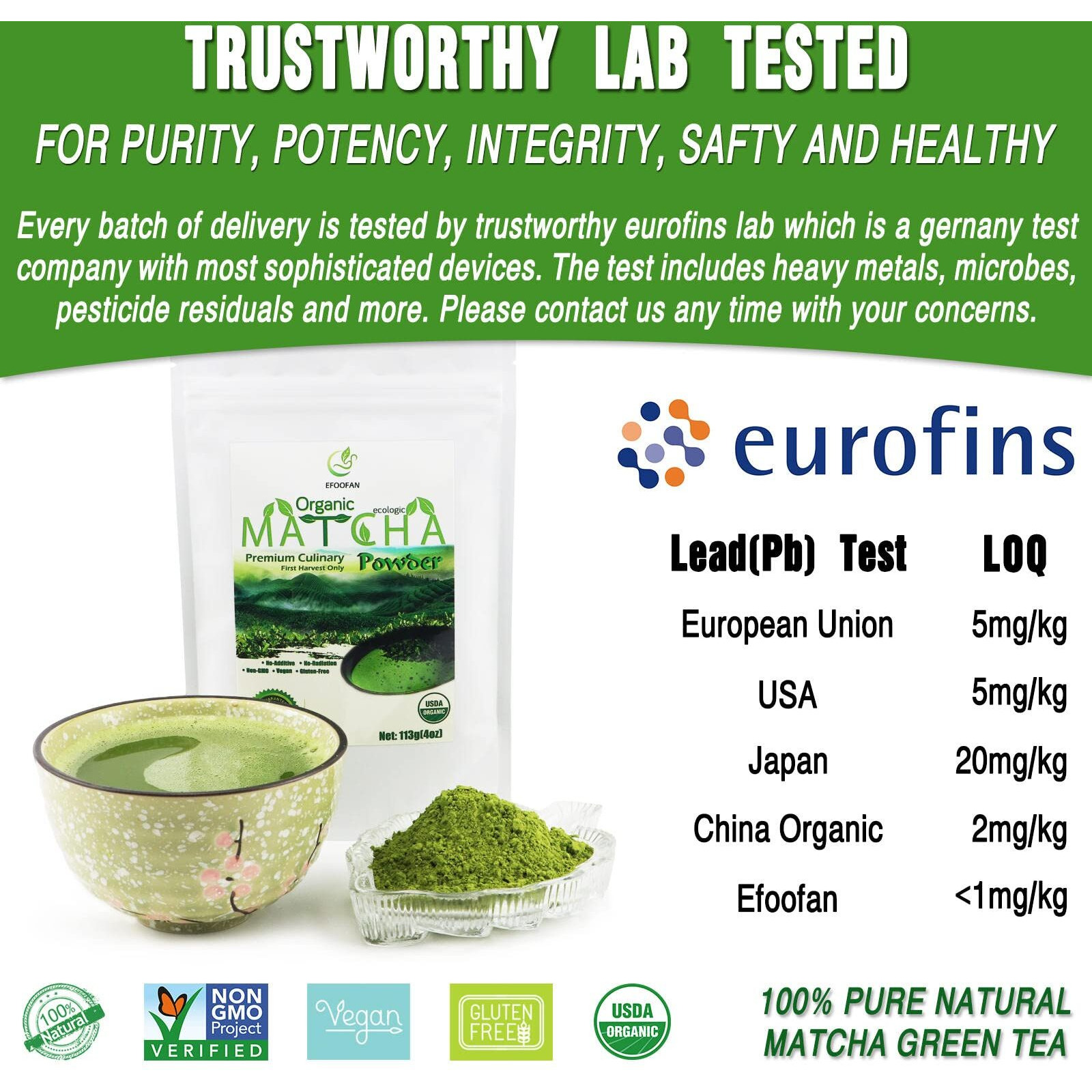 Efoofan Organic Matcha Green Tea Powder, Premium Culinary Grade (4Oz), Japanese Tencha Flavor, First Harvest, Te Marcha Organico Suit For Latte, Baking, Smoothie