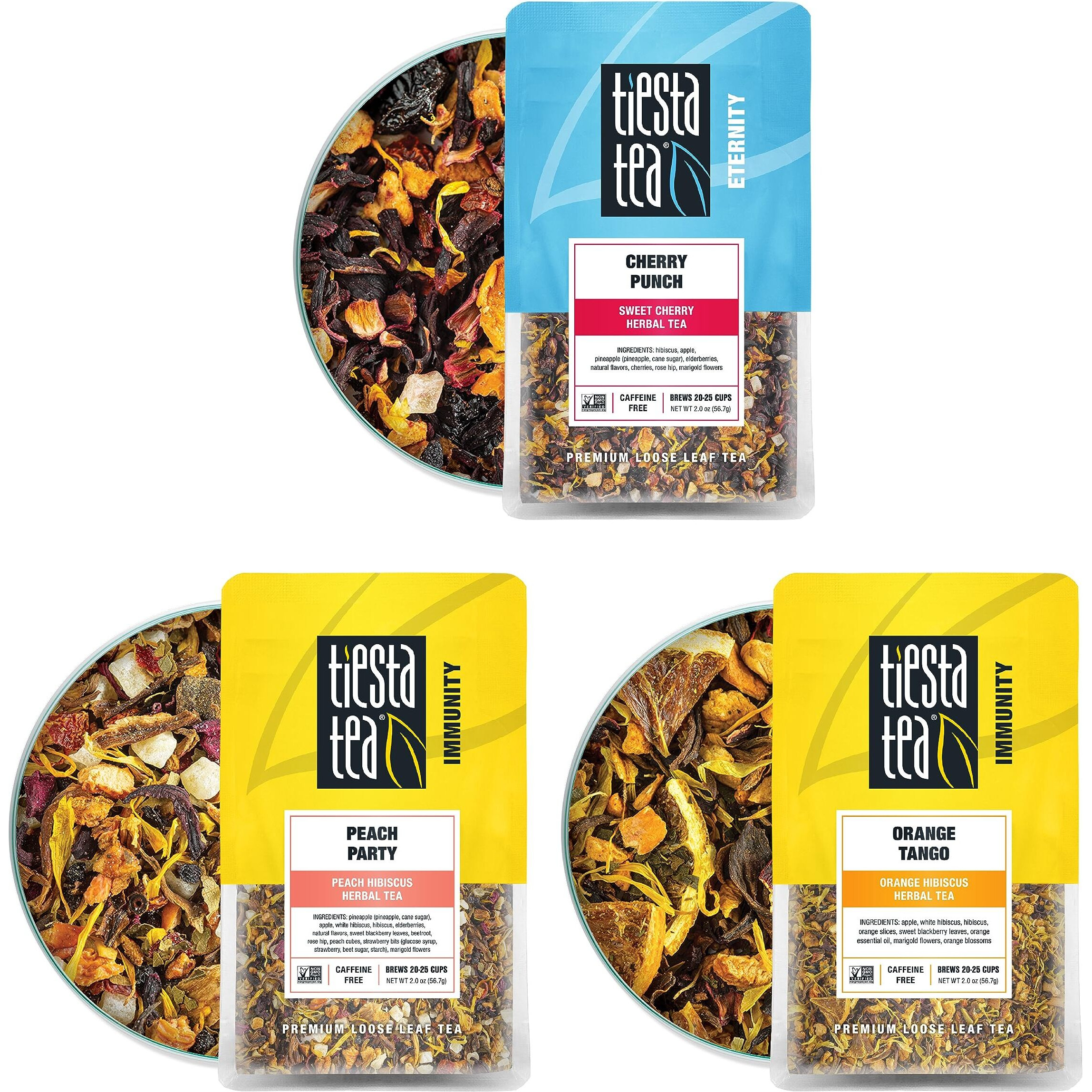 Tiesta Tea - Fruit Frenzy Trio | 3 Exotic Loose Leaf Herbal Tea Blend | Assorted Non-Caffeinated Fruit Tea | Make Hot Or Iced | 2Oz Pouch Of Cherry Punch, Peach Party, Orange Tango (Pack Of 3)