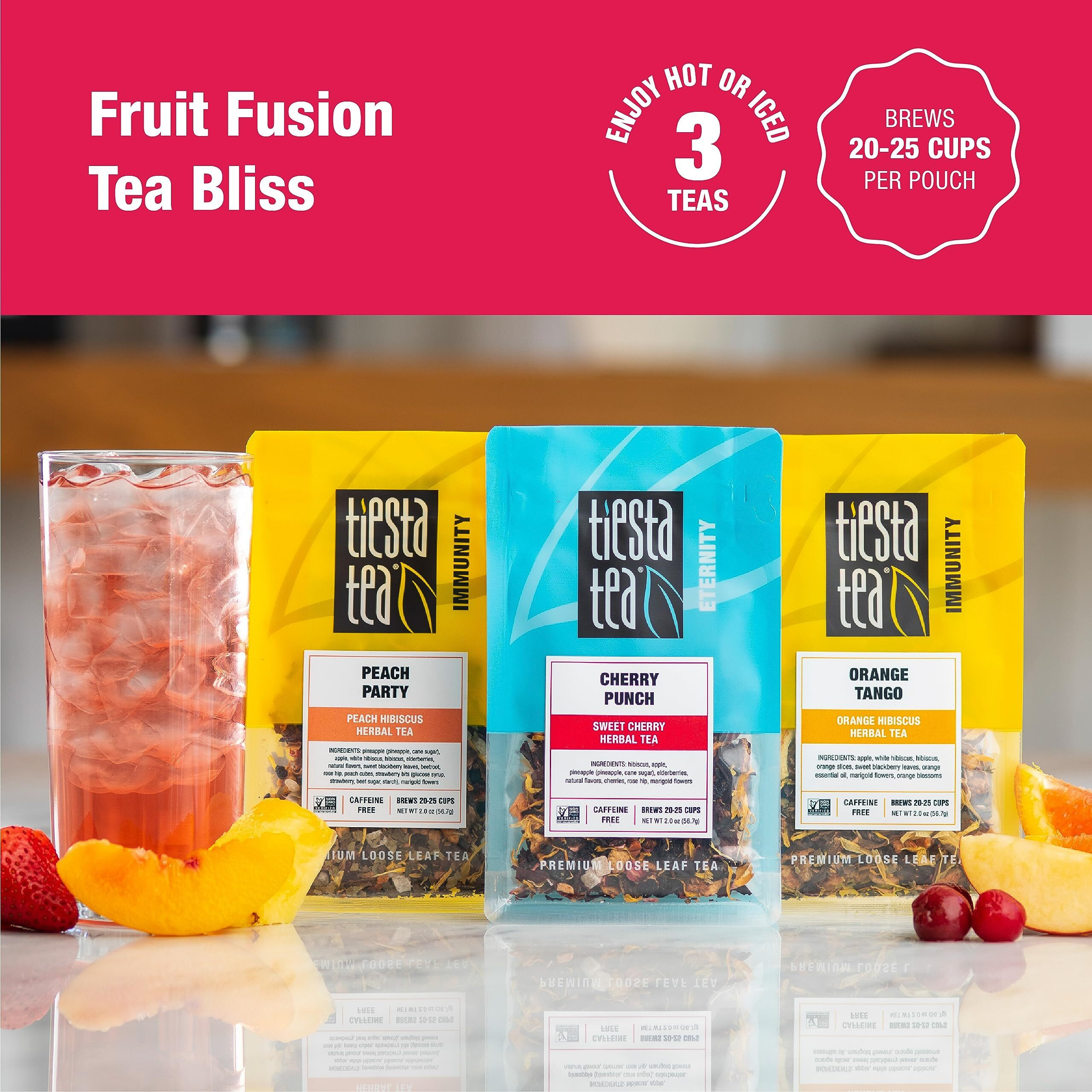 Tiesta Tea - Fruit Frenzy Trio | 3 Exotic Loose Leaf Herbal Tea Blend | Assorted Non-Caffeinated Fruit Tea | Make Hot Or Iced | 2Oz Pouch Of Cherry Punch, Peach Party, Orange Tango (Pack Of 3)