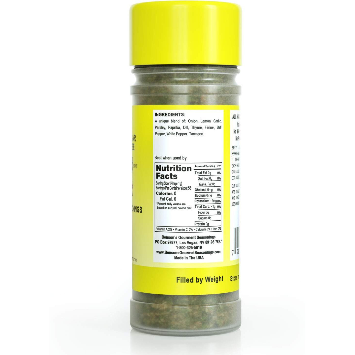 Bensons - Zesty Lemon And Herb Seasoning - Salt-Free, Sugar-Free, Gluten-Free, No Msg, No Preservatives, No Potassium Chloride - 11 Herbs, Spices And Vegetables Seasoning Blend 2 Oz Bottle With Shaker