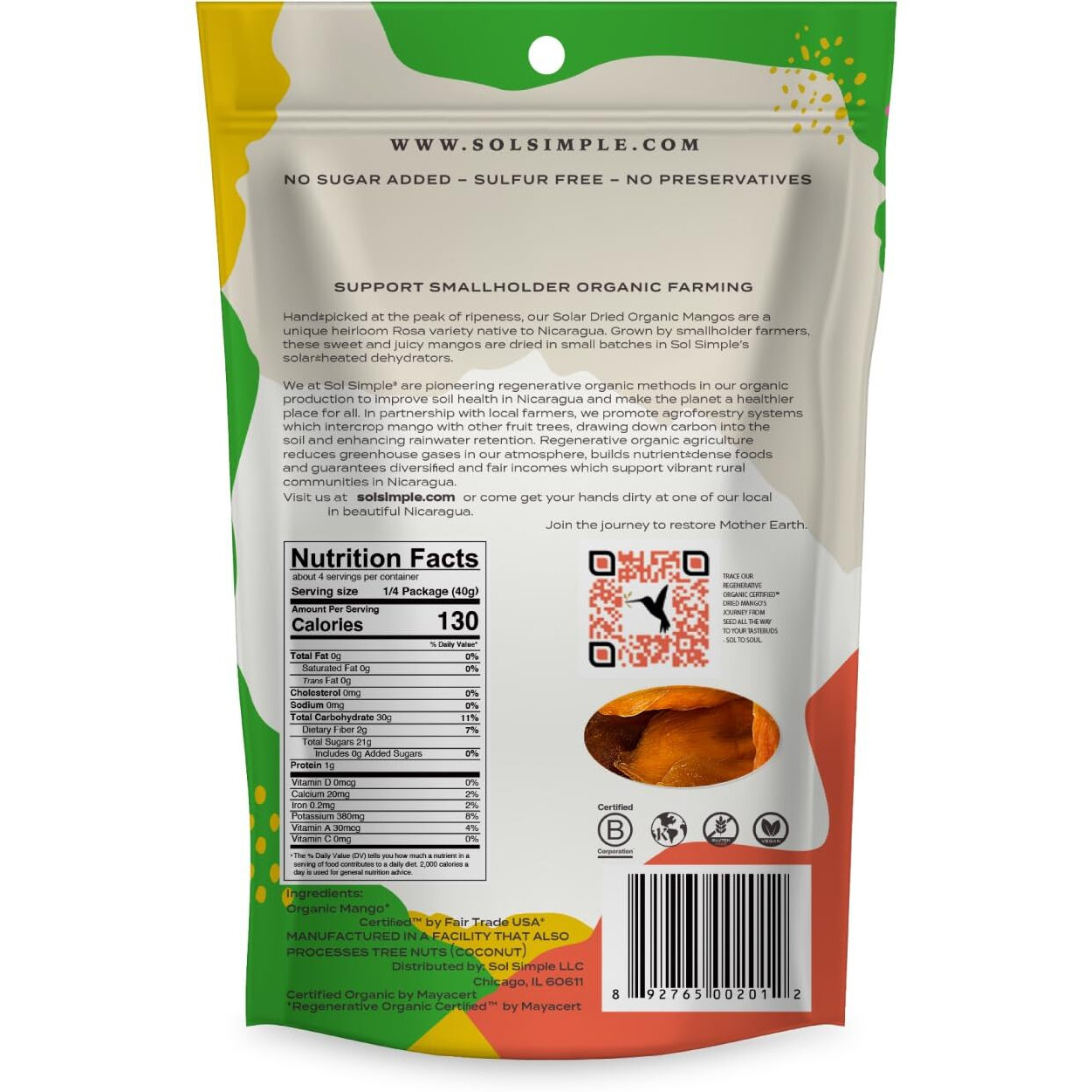 Sol Simple Organic Dried Mango | 6Oz Snack Pack (2 Bags Total) | One Ingredient | Vegan | Non-Gmo | No Added Sugar | Fair Trade | Dried Fruit | Mango