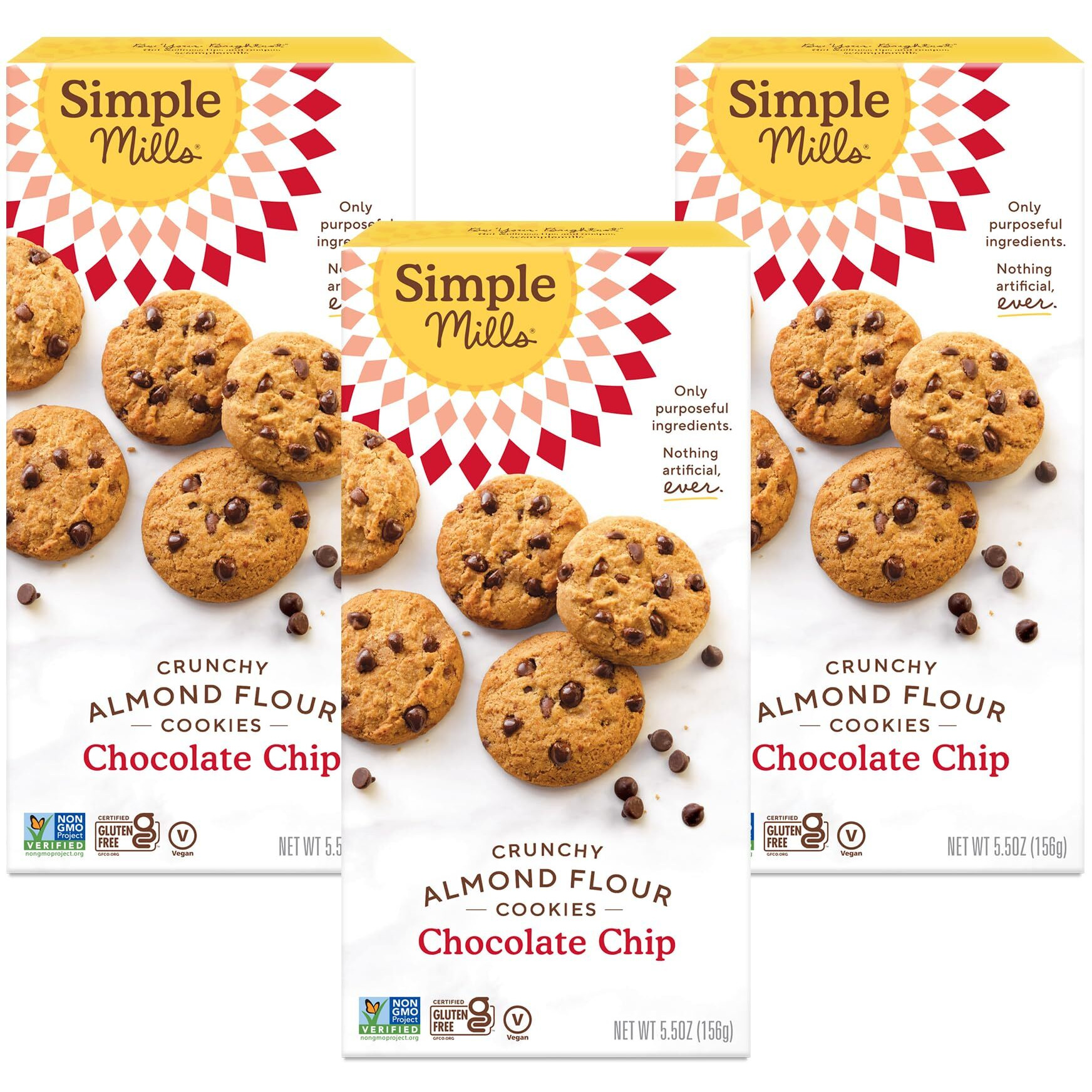 Simple Mills Almond Flour Crunchy Cookies, Chocolate Chip - Gluten Free, Vegan, Healthy Snacks, Made With Organic Coconut Oil, 5.5 Oz (Pack Of 3)