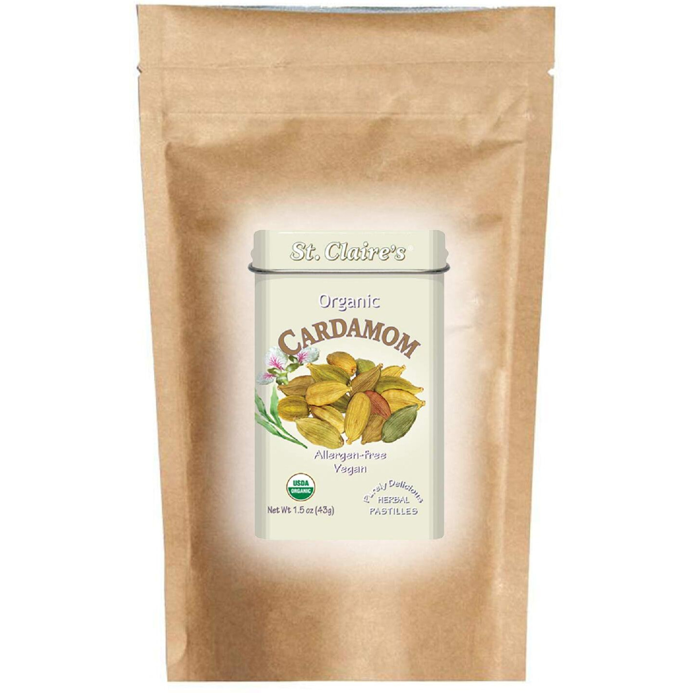 St. Claire's Organic Herbal Pastilles, (Cardamom, 8 Ounce Refill Bag,) | Gluten-Free, Vegan, Gmo-Free, Plant-Based, Allergen-Free | Made In Our Allergen-Free Facility
