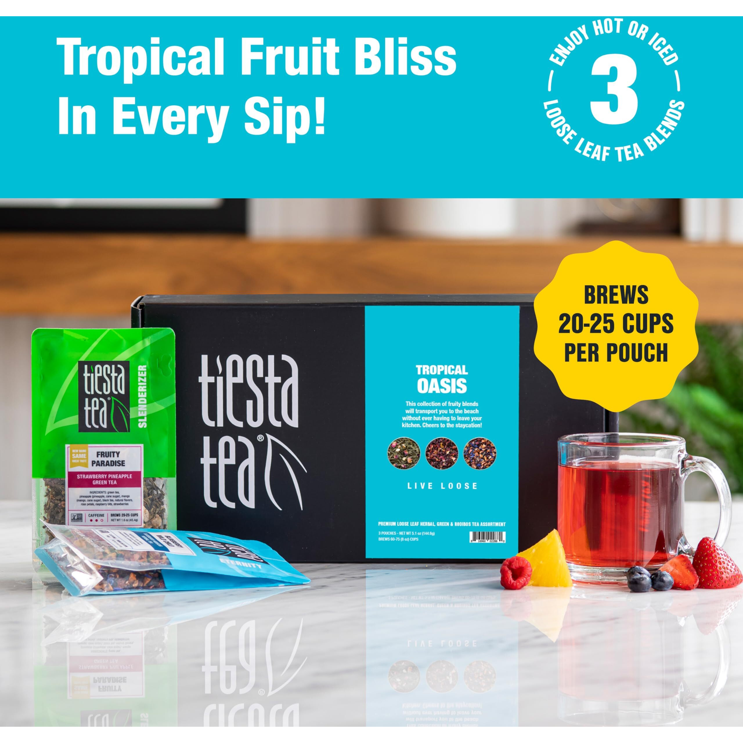 Tiesta Tea - Fruity Loose Leaf Tea Gift Box | Medium Caffeinated Tea Variety Pack | Make Hot & Iced Tea | 3 Pouches Of Assorted Tea Blends With Green Tea, Blueberry Fruit Tea & Hibiscus Fruit Tea