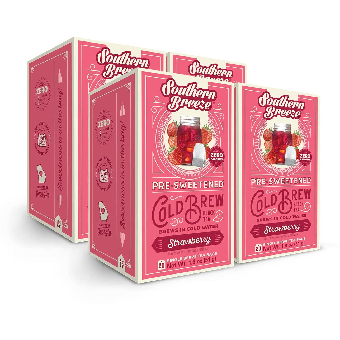 Southern Breeze Cold Brew Sweet Tea Strawberry Iced Tea With Black Tea And Zero Carbs Zero Sugar, 20 Individually Wrapped Tea Bags, Pack Of 4