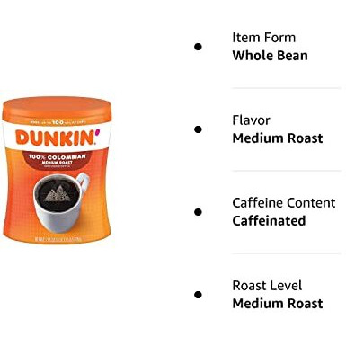 Dunkin' Donuts 8133401292 Colombian Ground Coffee, Medium Roast, 27.05 Oz.