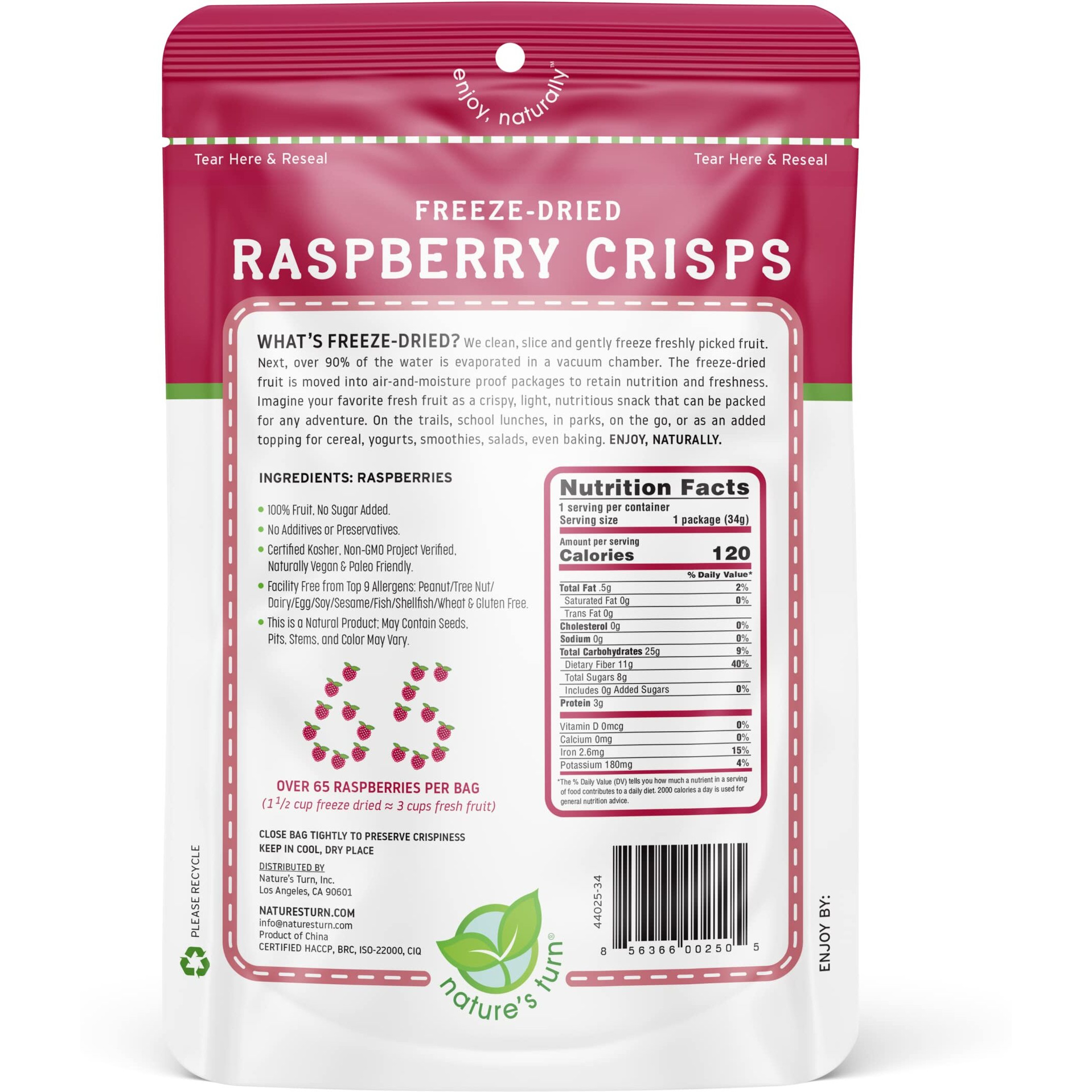Natures Turn Freeze-Dried Fruit Snacks, Raspberry Crisps, Pack Of 2 (1.2 Oz Each)