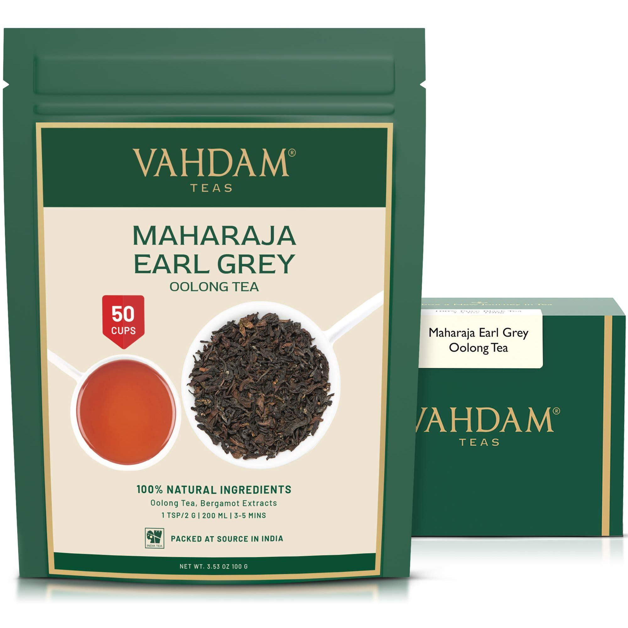 Vahdam, Maharaja Earl Grey Oolong Tea Loose Leaf (50 Cups/3.53Oz) Non Gmo, Gluten Free | Oolong Tea Leaves | Loose Leaf Earl Grey Tea With Pure Bergamot Oil | Brew As Hot Or Iced Tea