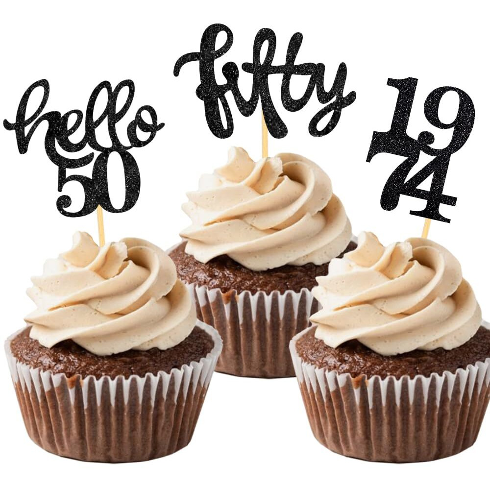 24 Pcs Black Glitter 50Th Birthday Cupcake Toppers For 50Th Birthday Celebrating Party Decorations