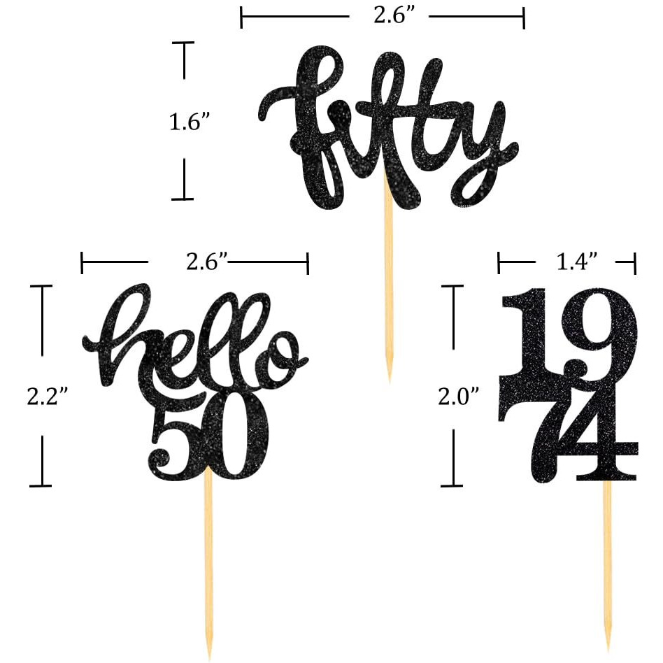 24 Pcs Black Glitter 50Th Birthday Cupcake Toppers For 50Th Birthday Celebrating Party Decorations