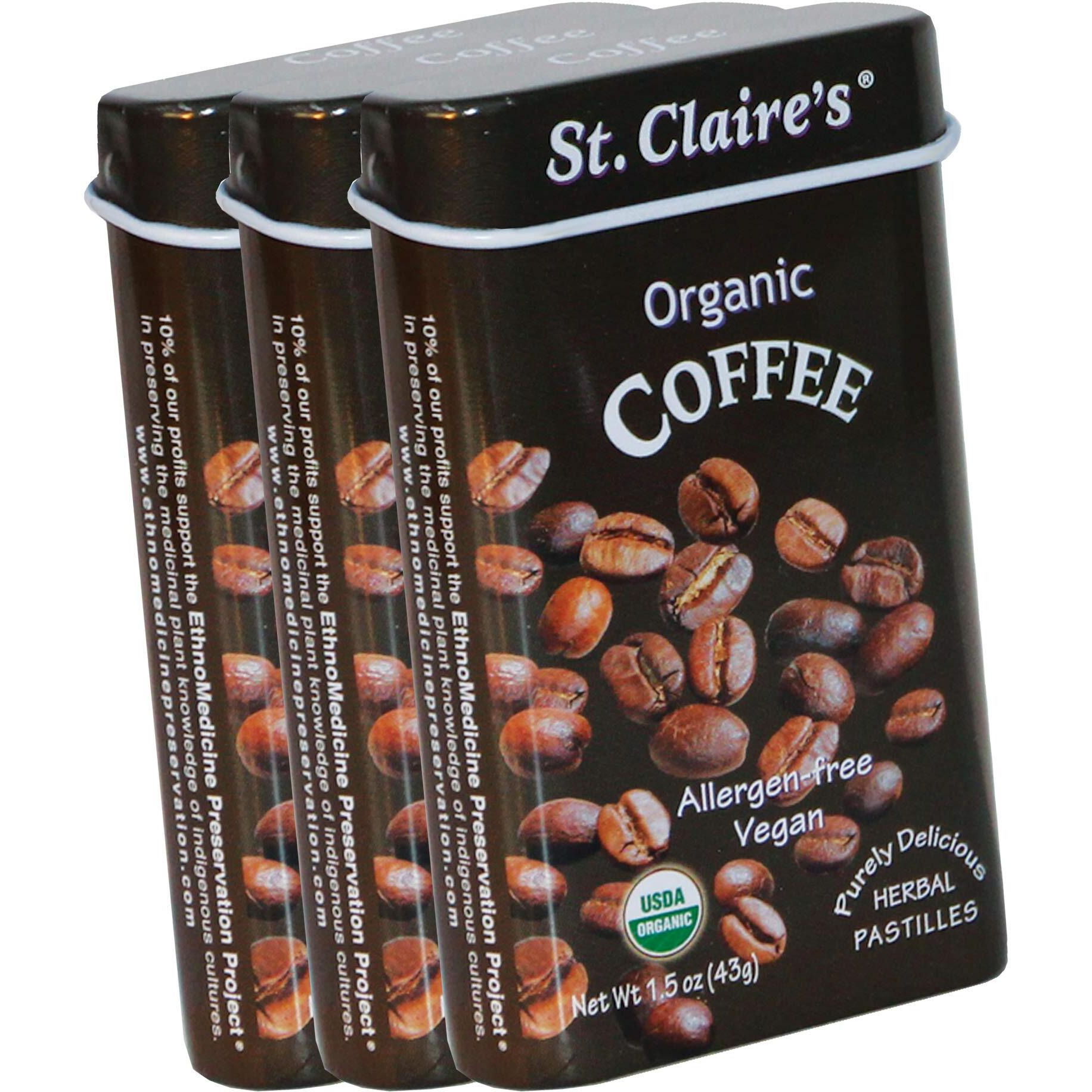 St. Claire's Organic Herbal Pastilles, (Coffee, 1.5 Ounce Tin, Bundle Of 3) | Gluten-Free, Vegan, Gmo-Free, Plant-Based, Allergen-Free | Made In Our Allergen-Free Facility