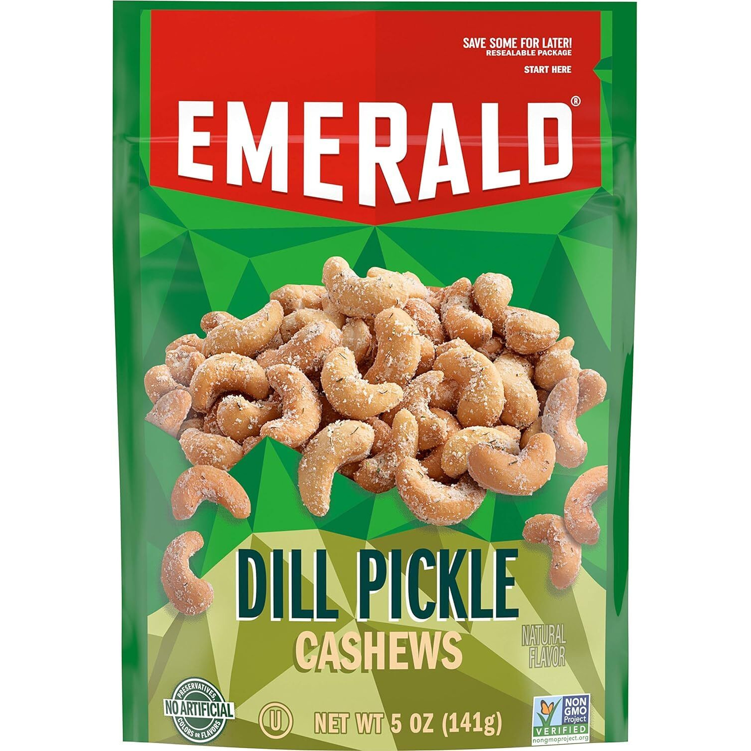 Emerald Nuts, Dill Pickle Seasoned Cashews, 5 Oz, Resealable Bag (Pack Of 3)