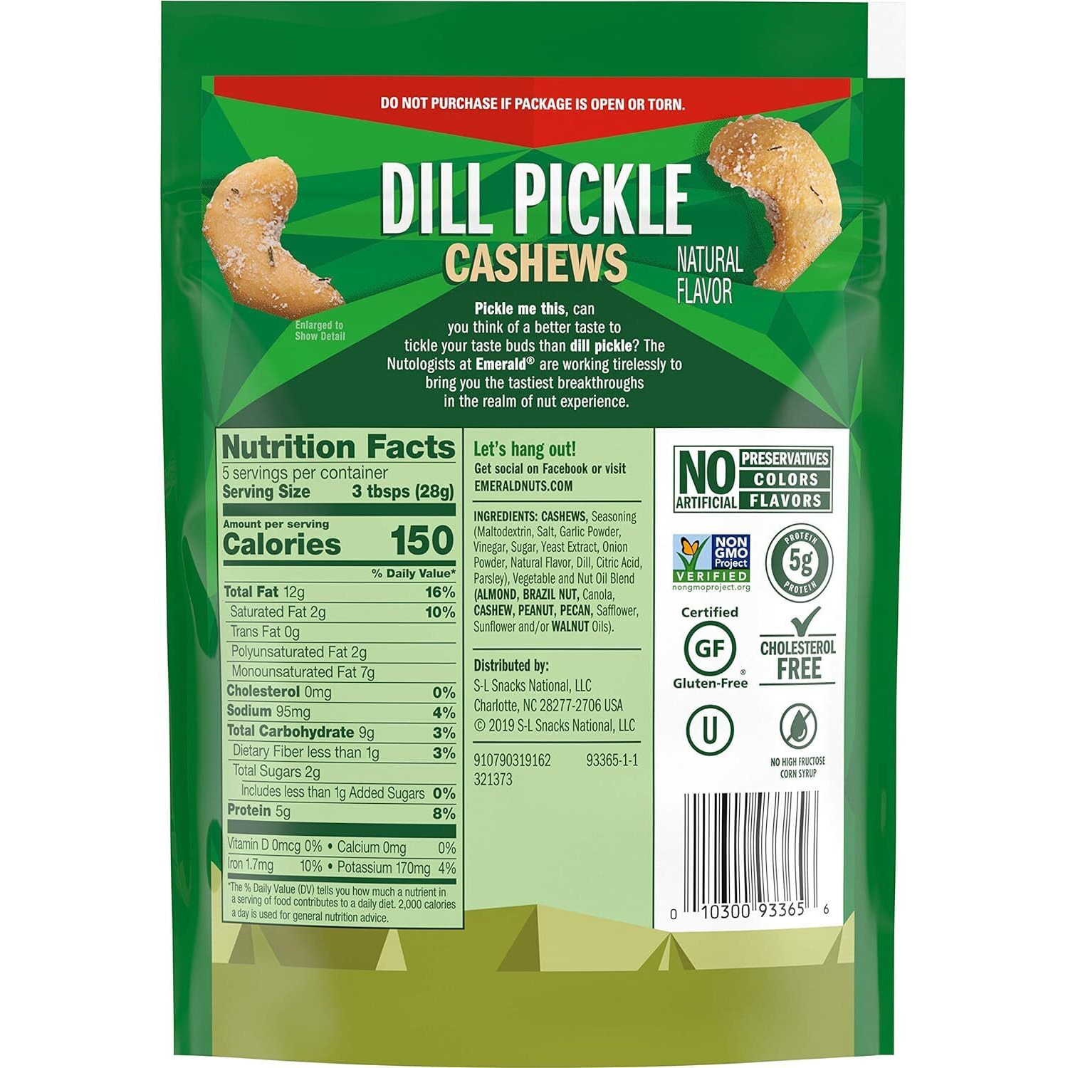 Emerald Nuts, Dill Pickle Seasoned Cashews, 5 Oz, Resealable Bag (Pack Of 3)