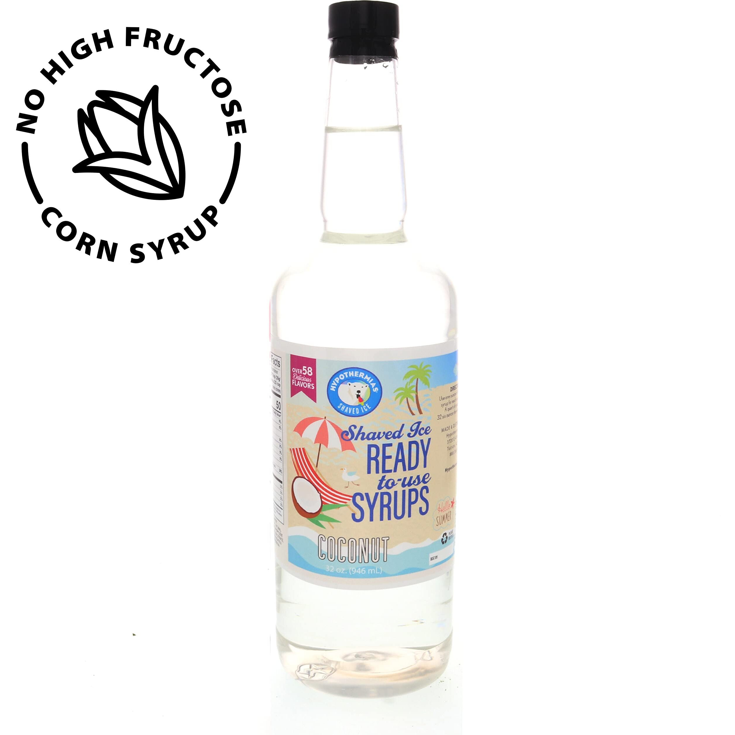 Hypothermias Shaved Ice & Snow Cone Syrup - Quart (32 Fl. Oz) - Coconut - Made With Non-Gmo 100% Pure Cane Sugar, No Corn Syrup - Bpa-Free Recyclable Plastic Bottle