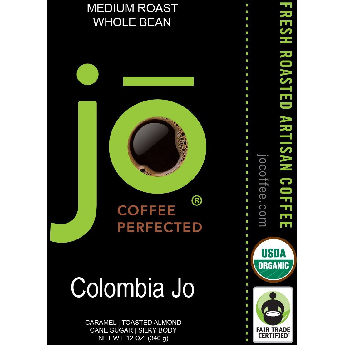 Colombia Jo 12 Oz Organic Coffee, Whole Bean, Medium Roast, 100% Usda Organic, Fair Trade Certified, Kosher Certified, Gmo Free, Gluten Free, Organic Arabica Colombian Gourmet Specialty Coffee