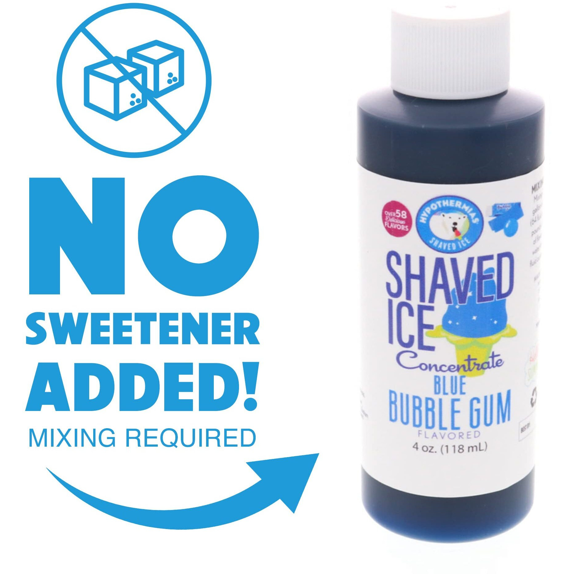 Hypothermias Shaved Ice And Snow Cone Syrup Unsweetened Flavor Concentrate - 4 Fl. Oz - Makes 1 Gallon Of Ready To Use Syrup - Blue Bubble Gum - Must Add Filtered Water And Sweetener