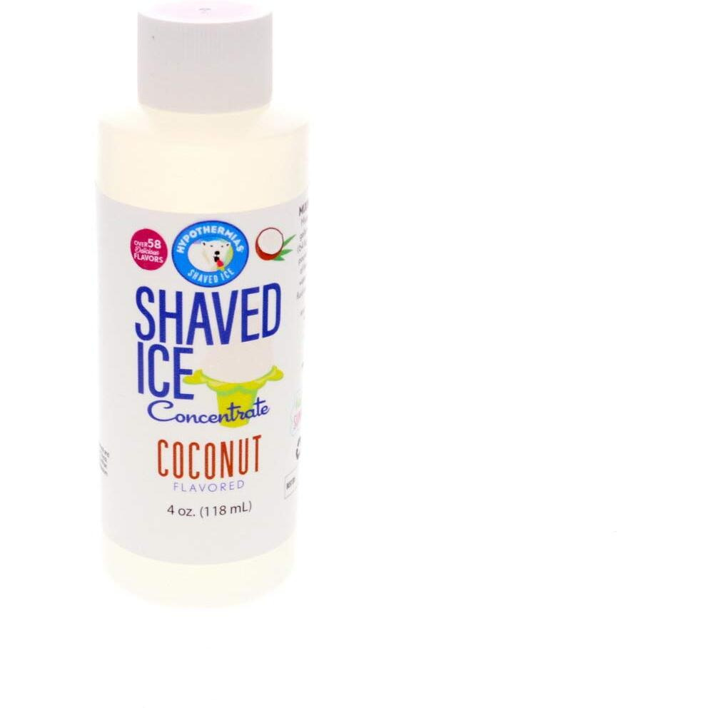 Hypothermias Shaved Ice And Snow Cone Syrup Unsweetened Flavor Concentrate - 4 Fl Oz - Makes 1 Gallon Of Ready To Use Syrup - Coconut - Must Add Filtered Water And Sweetener
