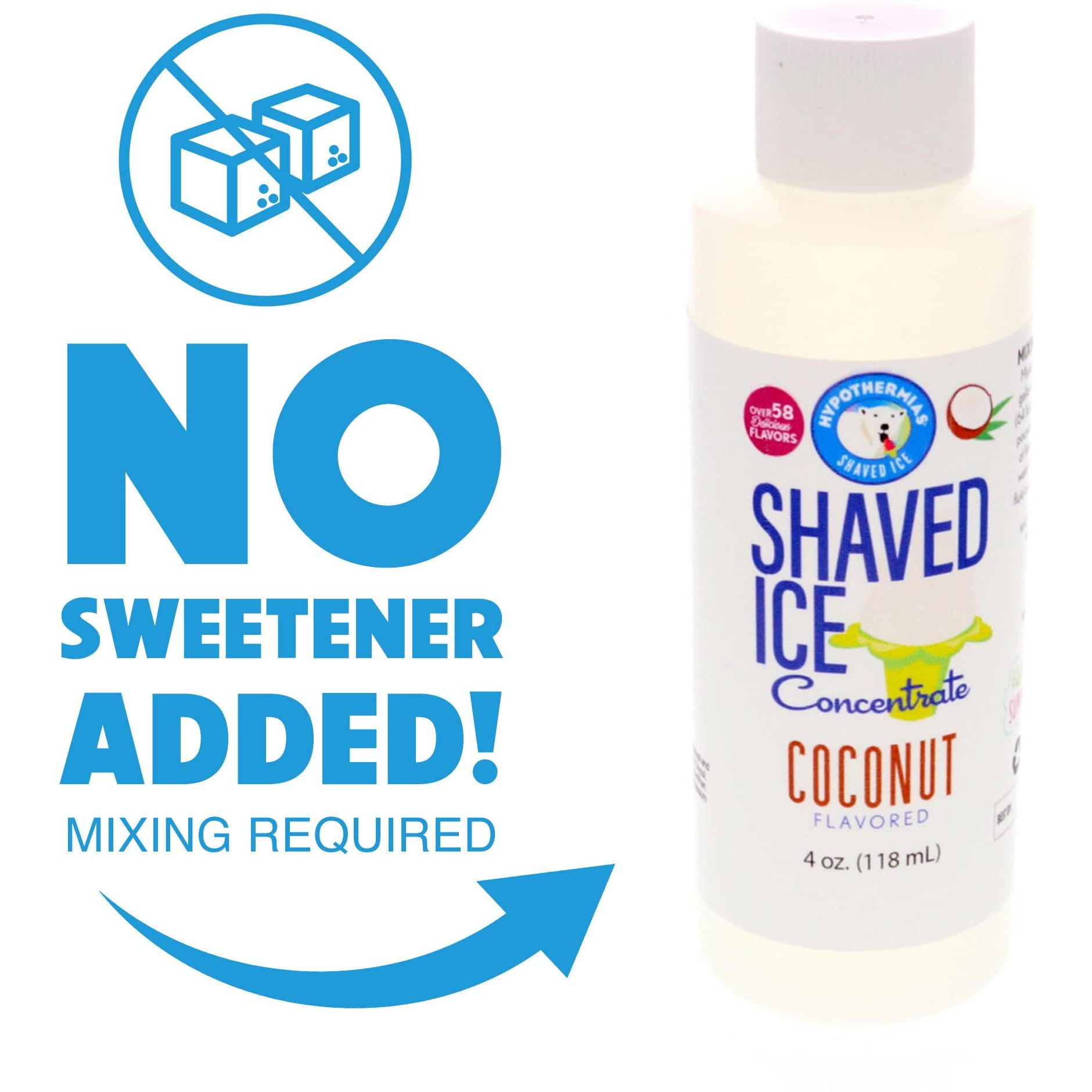 Hypothermias Shaved Ice And Snow Cone Syrup Unsweetened Flavor Concentrate - 4 Fl Oz - Makes 1 Gallon Of Ready To Use Syrup - Coconut - Must Add Filtered Water And Sweetener