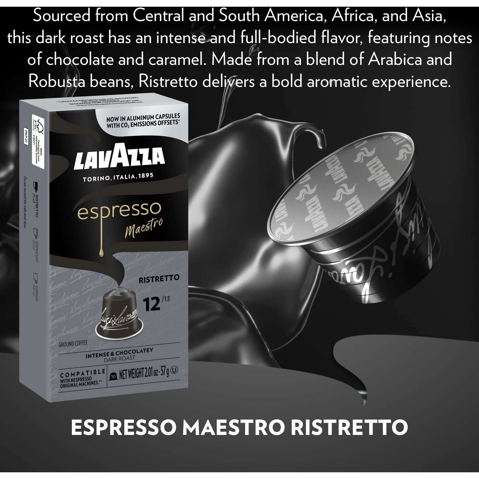 Lavazza Espresso Ristretto Dark Roast Arabica & Robusta Aluminum Capsules Compatible With Nespresso Original Machines (Pack Of 60) ,Value Pack, Intense And Full Bodied, Dark Crema, Intensity 12 Of 13