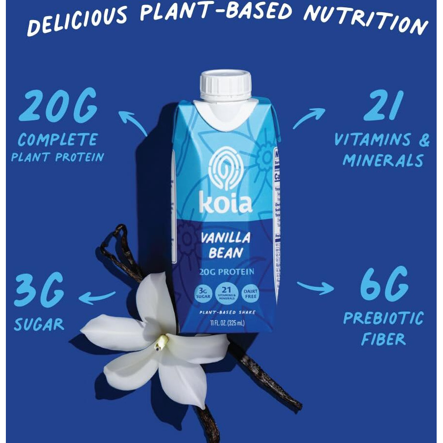 Koia - Plant Based Protein Shake - Vanilla Bean - 20G Protein, 3G Sugar, 6G Prebiotic Fiber, 21 Vitamins & Minerals - Dairy Free, Soy Free, Non Gmo - Meal Replacement Drinks - 11 Fl Oz, 12 Bottles