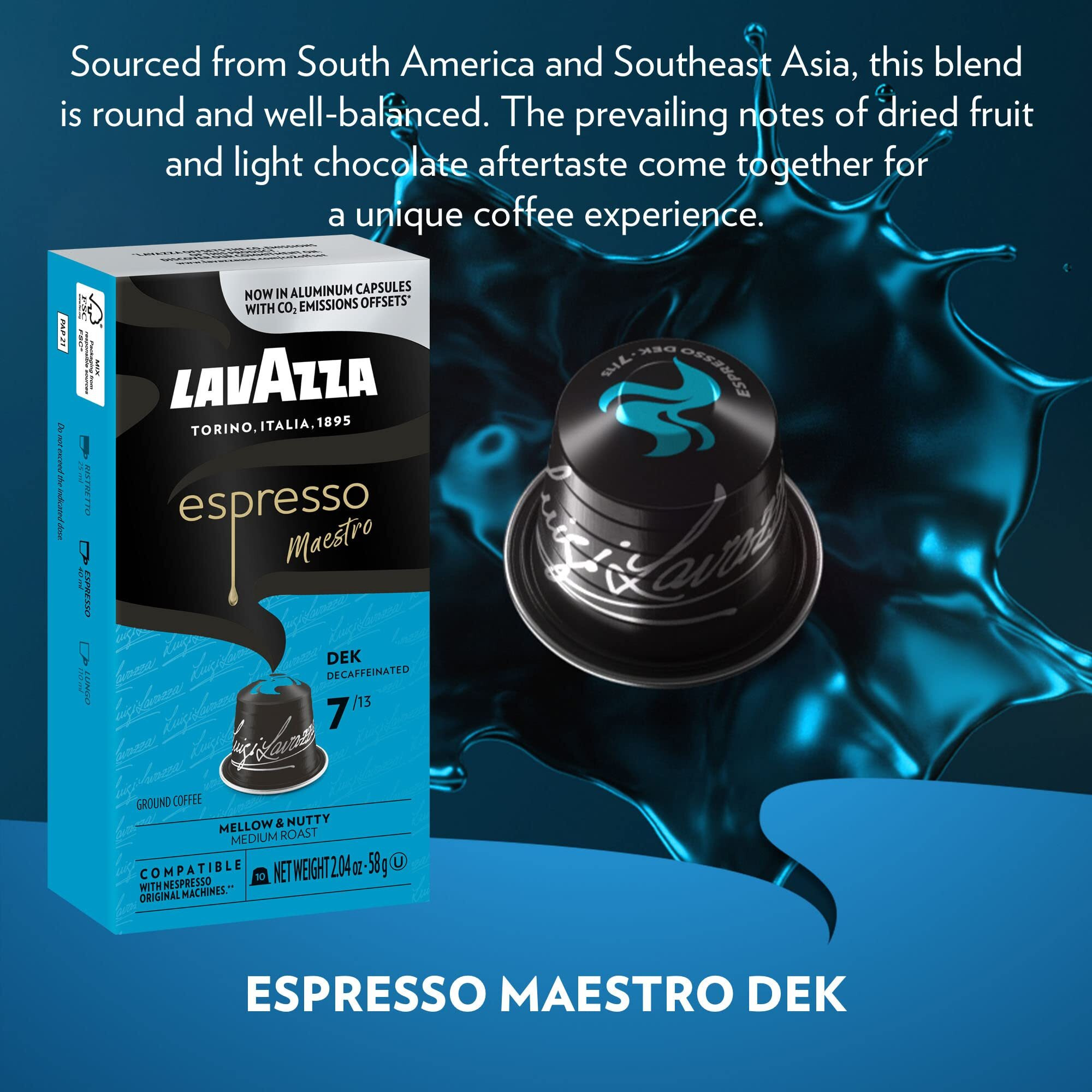 Lavazza Espresso Decaffeinated Dek Medium Roast Arabica & Robusta Aluminum Capsules Compatible With Nespresso Original Machines ,Value Pack, Round And Well-Balanced, Intensity 7 Of 13, 10 Count (Pack Of 6)