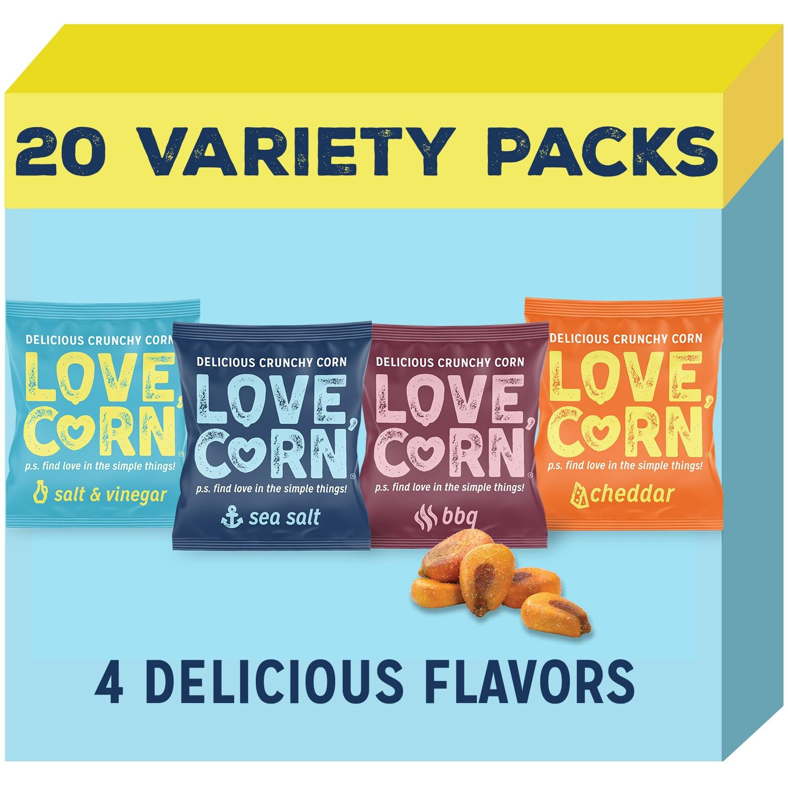 Love Corn Family Favorite - Sea Salt, Bbq, Salt & Vinegar, Cheezy 0.7Oz X 20 - Delicious Crunchy Corn - Healthy Family Snacks - Gluten Free, Non-Gmo - Alternative For Chips, Nuts, Crackers & Pretzels