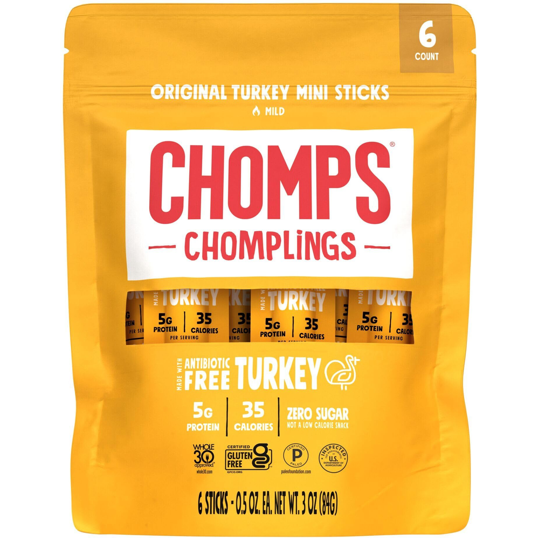 Chomps Mini Free Range Turkey Jerky Meat Snack Sticks, Original Turkey, 0.5 Ounce (Pack Of 6)