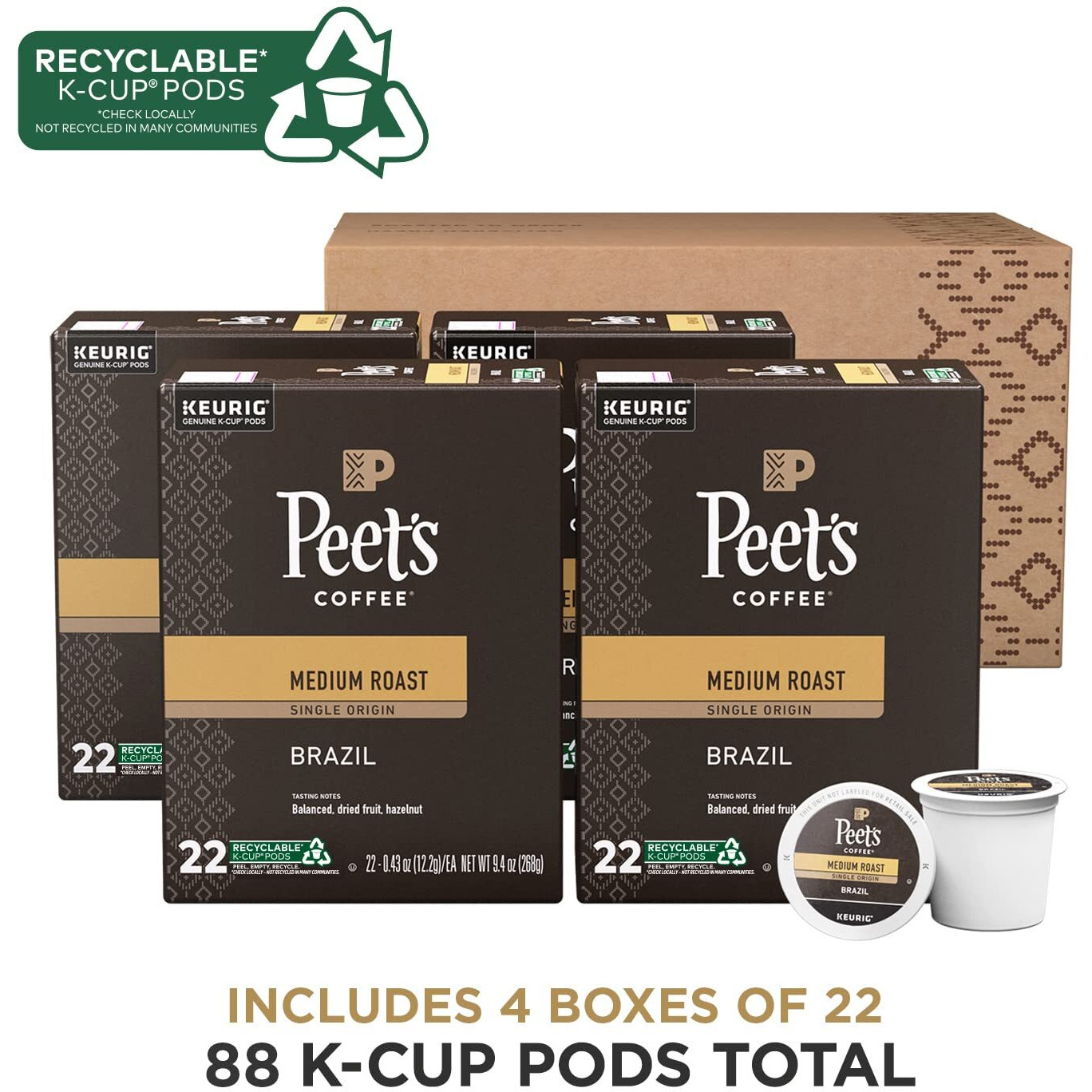 Peet's Coffee, Medium Roast K-Cup Pods For Keurig Brewers - Single Origin Brazil 88 Count (4 Boxes Of 22 K-Cup Pods)