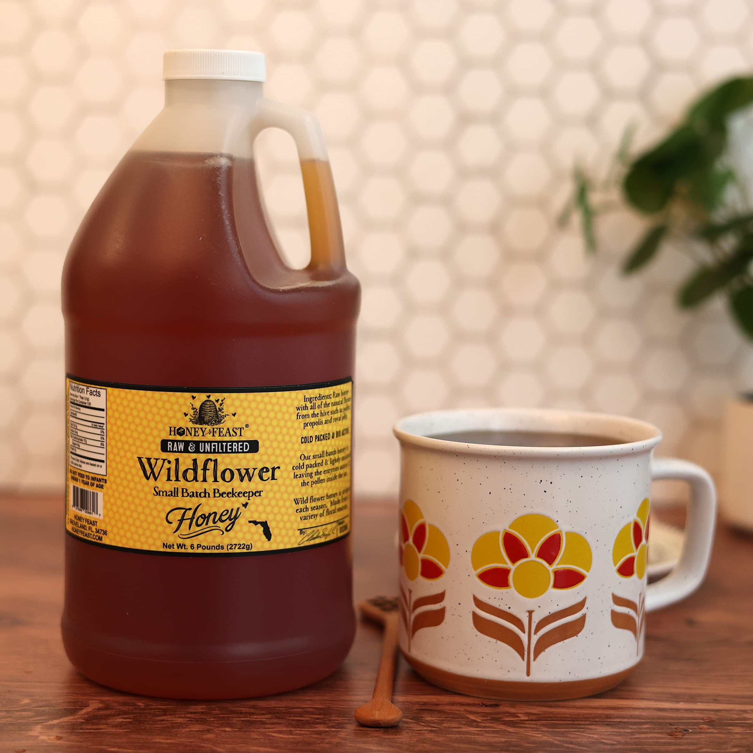 Honey Feast Wildflower Honey - 6 Pounds (1/2 Gallon) Bulk Honey, All Natural, Unfiltered, Unheated Honey, Perfect For Sweetening & Baking