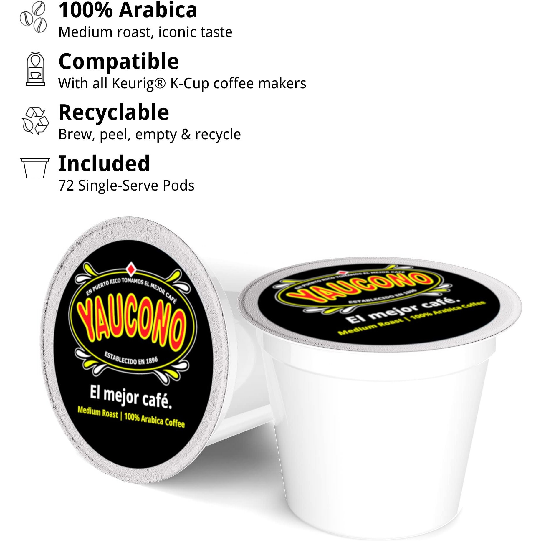 Yaucono Ground Medium Roast Arabica Coffee Single-Serve Pods, 72 Count, Compatible With Keurig K Cup Brewers