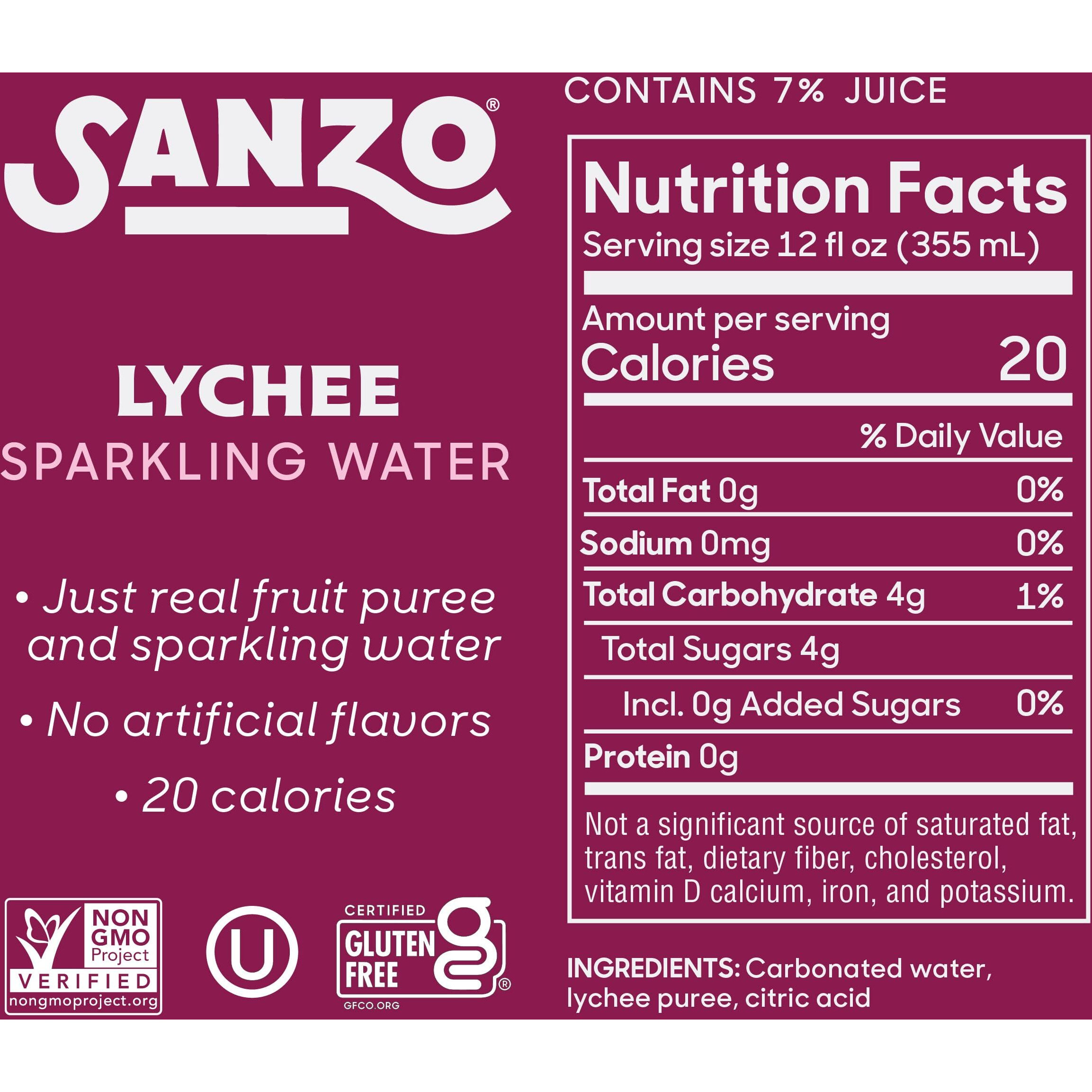 Sanzo Flavored Sparkling Water - Lychee (Berry), 12-Pack - Carbonated Drink Made With Real Fruit And Sugar-Free - Non-Gmo, Gluten-Free And Vegan - 12 Fl Oz Cans - Floral, Fragrant, And Sweet