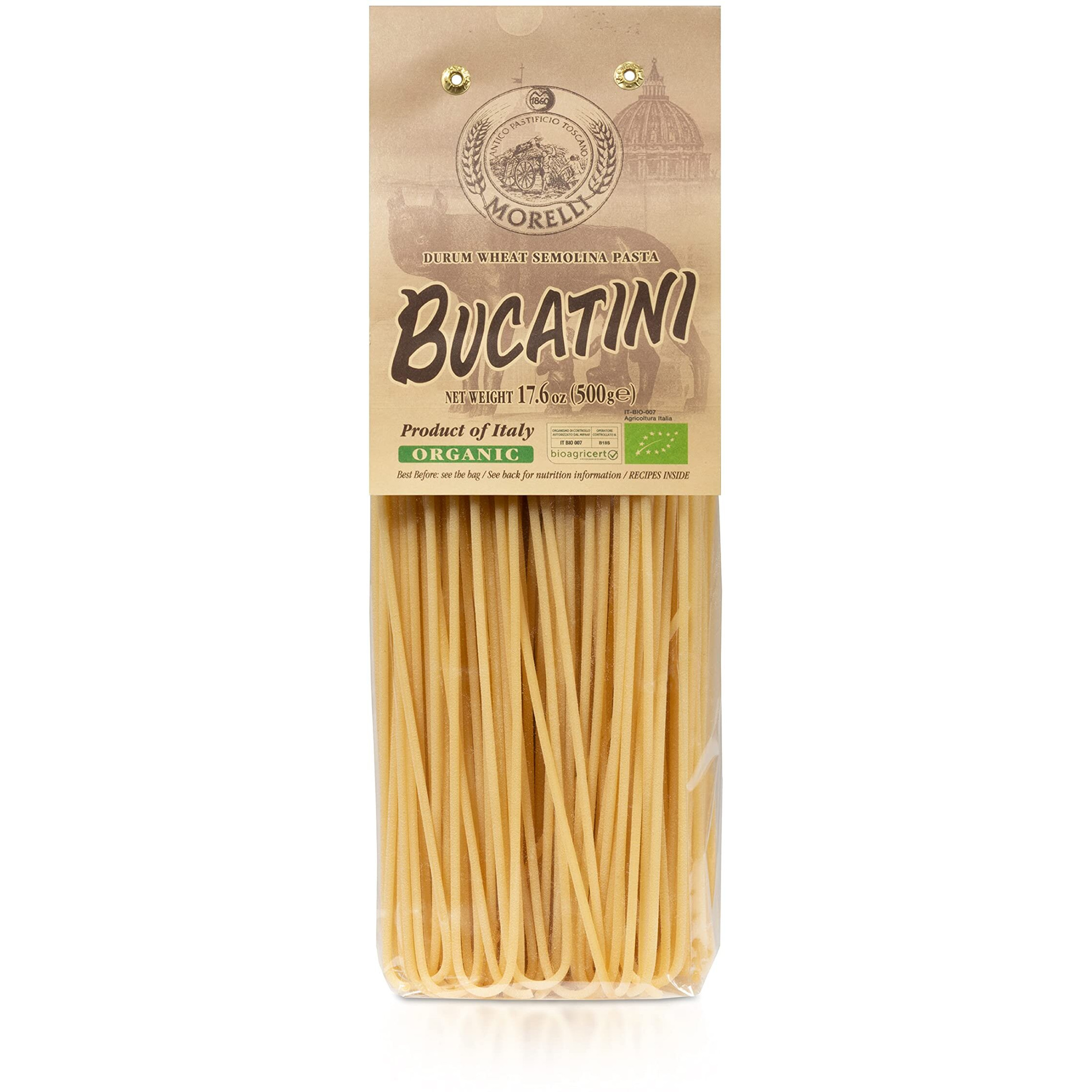 Morelli Bucatini Pasta Noodles - Premium Organic Italian Pasta From Italy - Handcrafted, Family Owned Gourmet Pasta Brand - Durum Wheat Semolina Pasta 17.6Oz / 500G - Pack Of 12