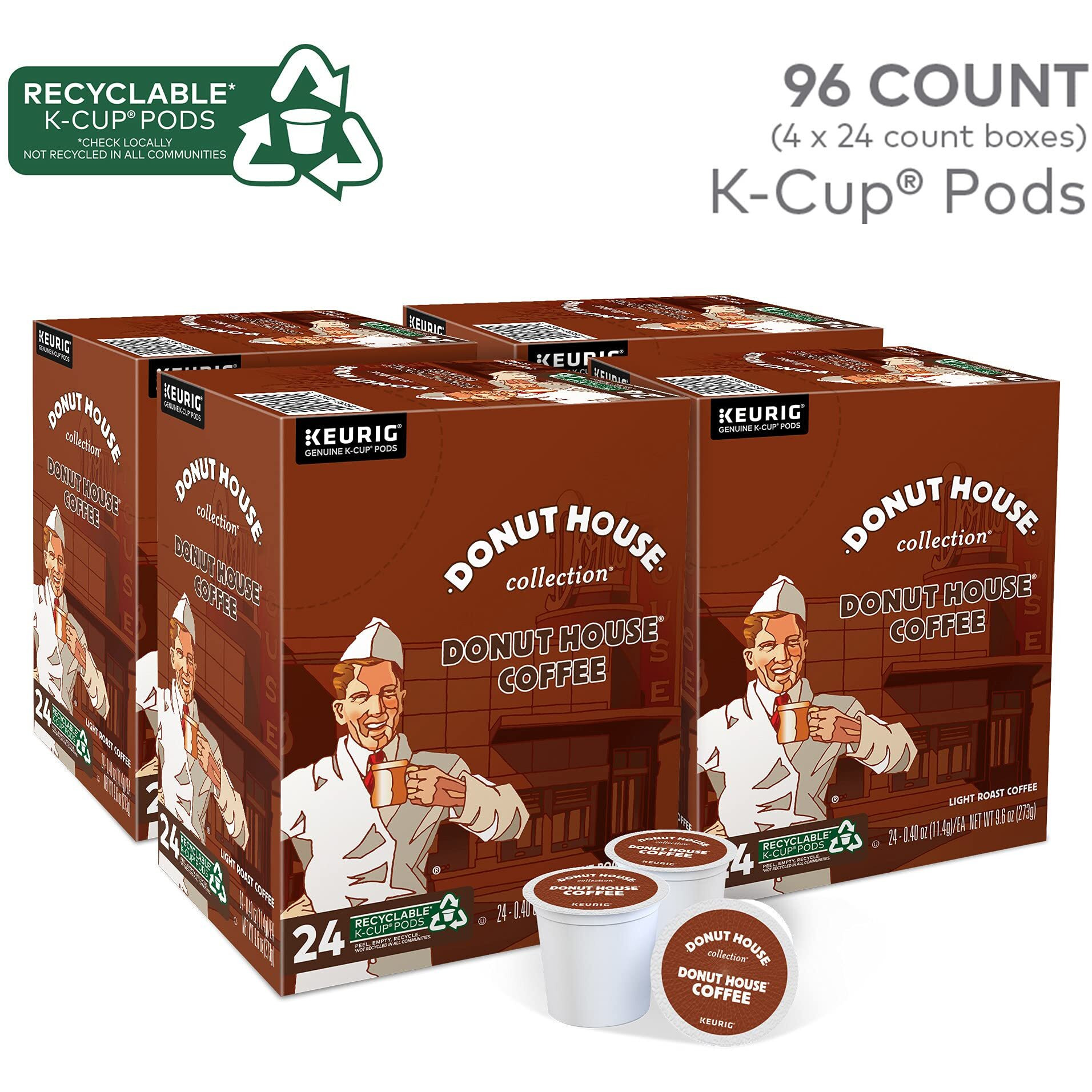 Donut House Collection Donut House Coffee Keurig Single-Serve K-Cup Pods, Light Roast Coffee, 96 Count (4 Packs Of 24)