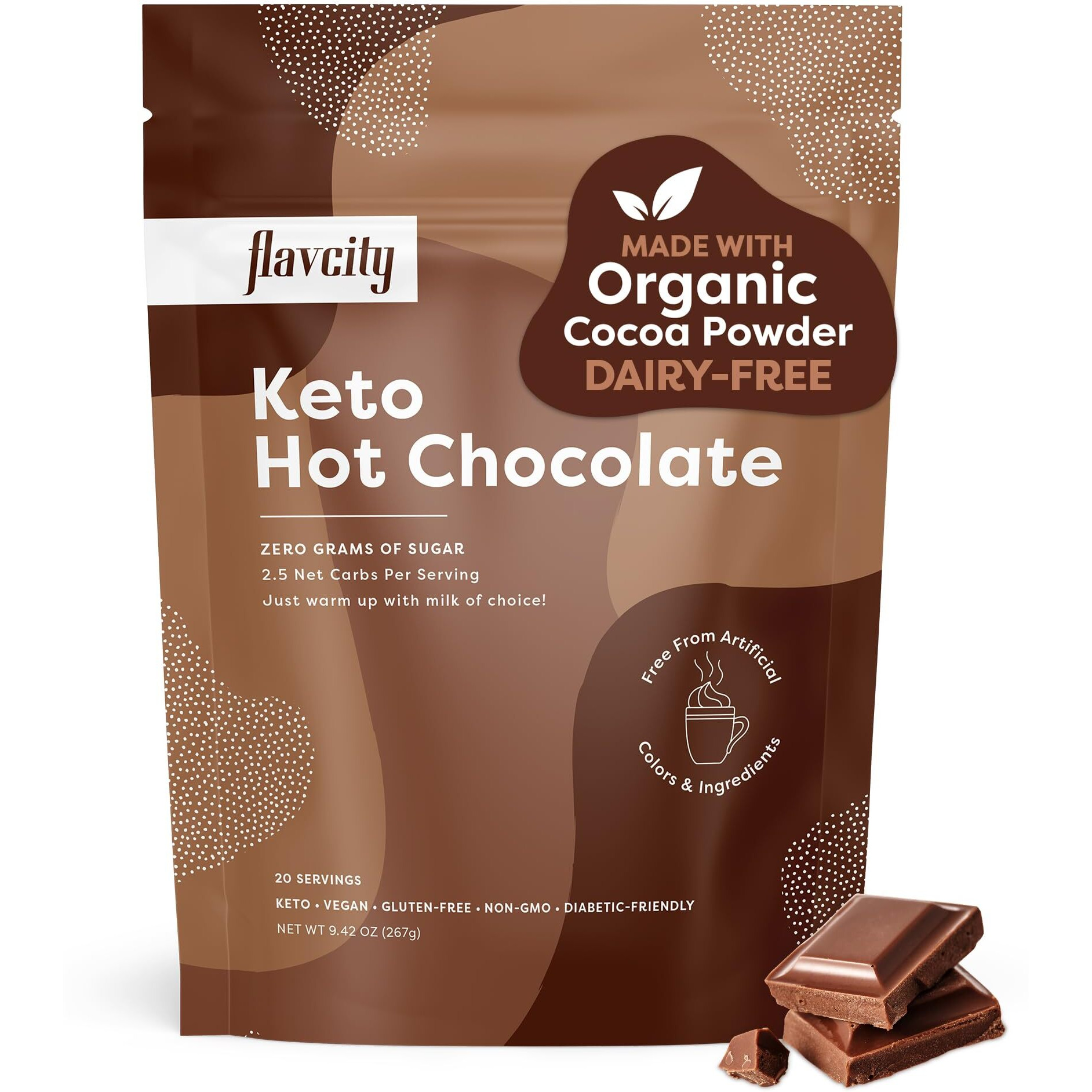 Flavcity Keto Hot Chocolate Powder, Original - Dairy-Free & Sugar-Free Organic Cocoa Powder Drink Mix - High-Fiber, Low-Carb & Gluten-Free Prebiotic - Vegan & Non-Gmo (9.4 Oz)