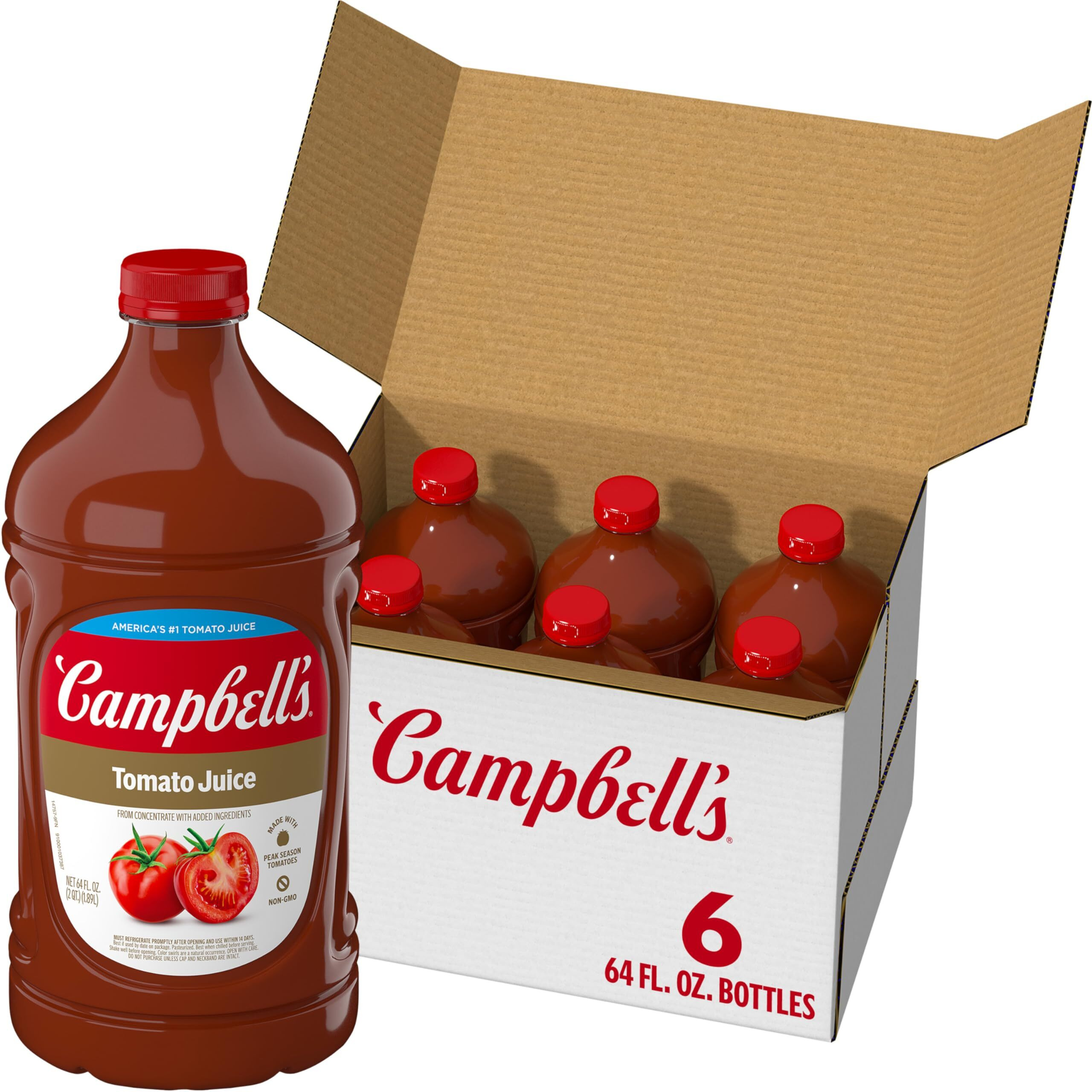 Campbells 100% Tomato Juice, 64 Fl Oz Bottle (6 Pack)