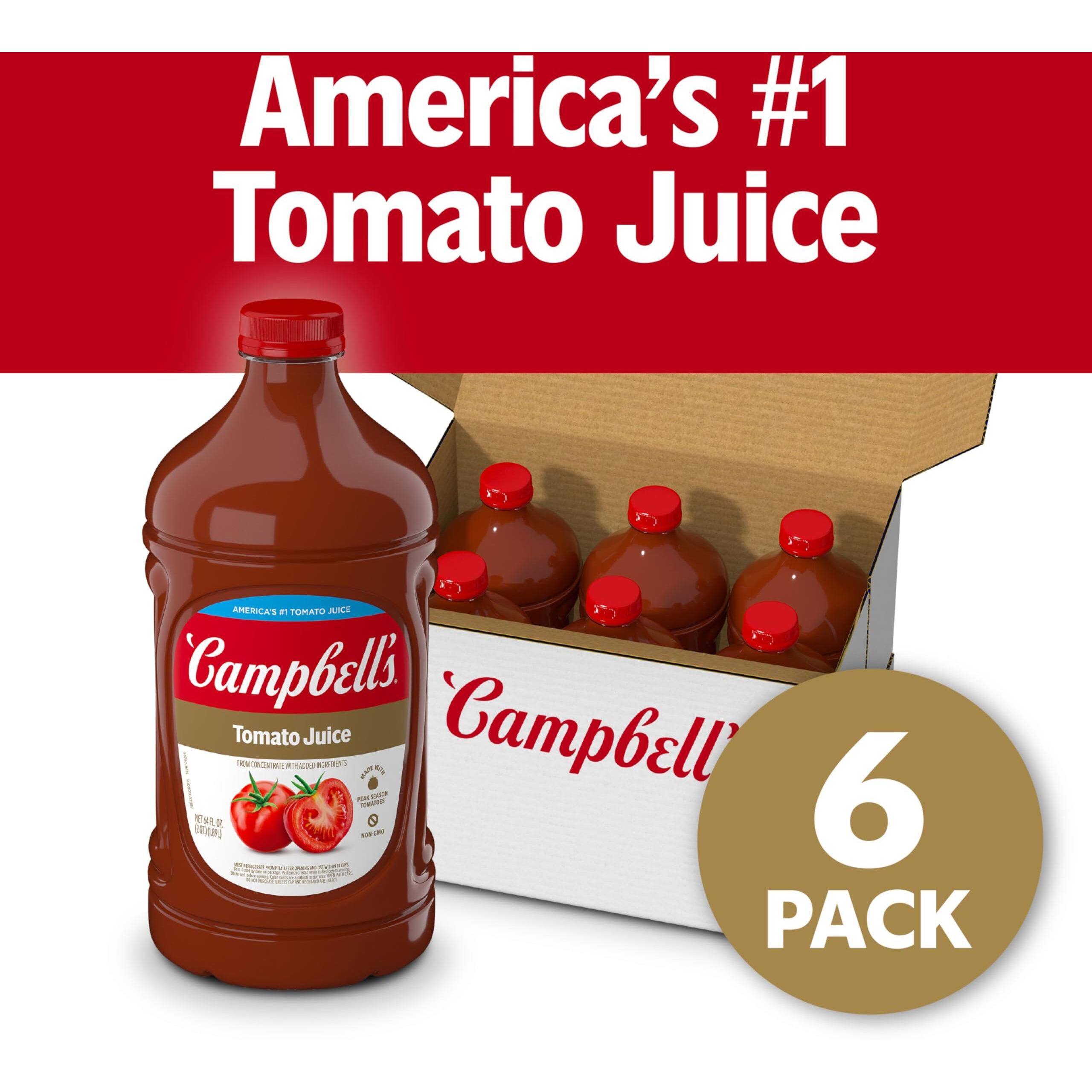 Campbells 100% Tomato Juice, 64 Fl Oz Bottle (6 Pack)